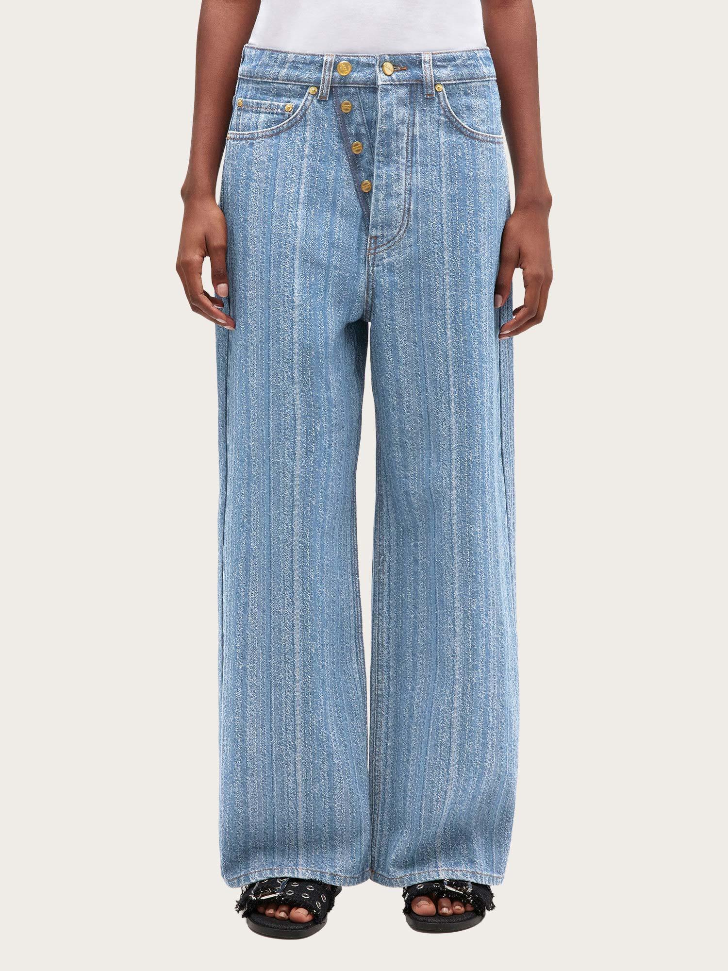 Structured Denim Double Fly Baggy Jeans - Mid Blue Stone