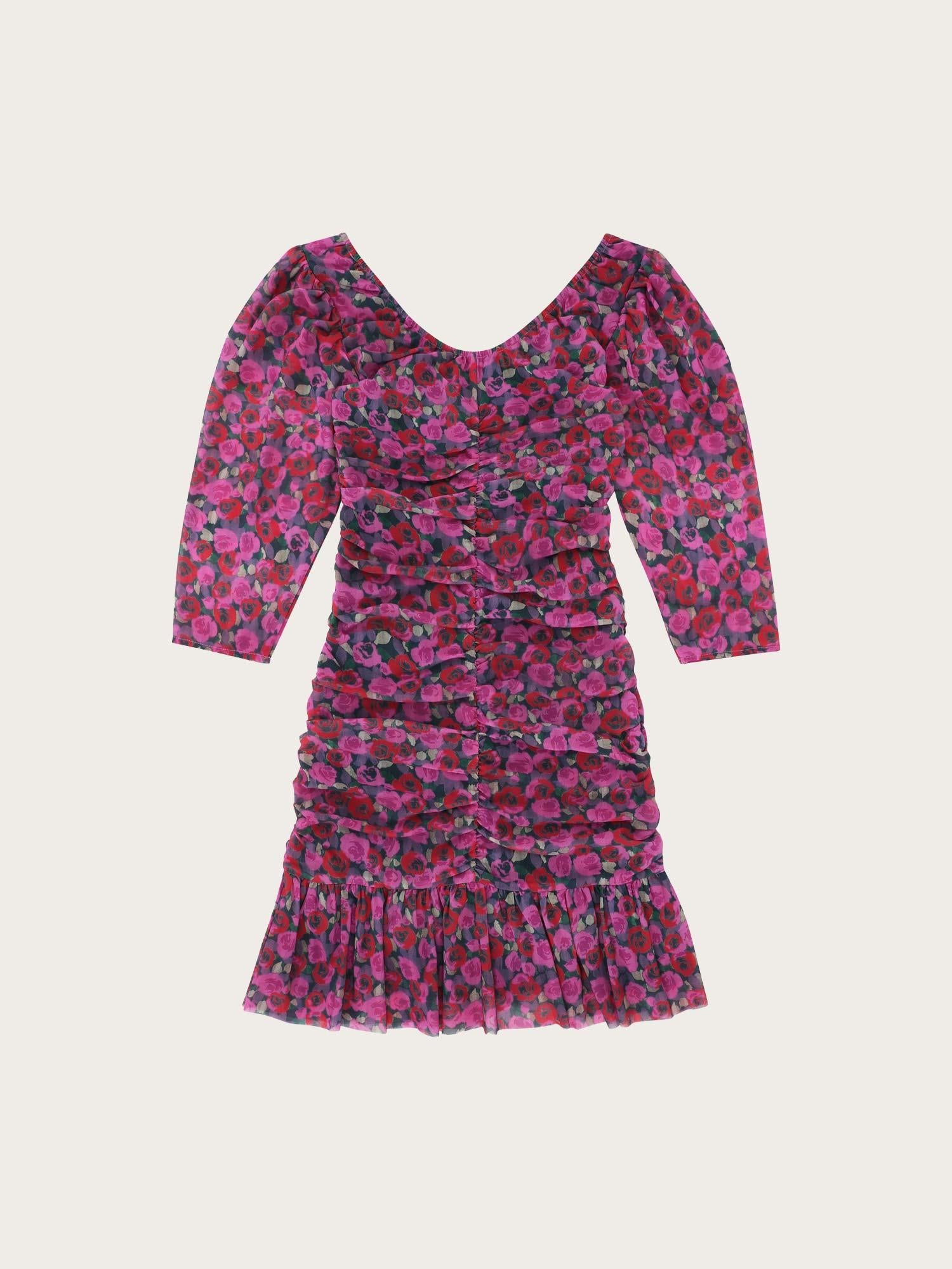 T3847 Printed Mesh Floune Ruched Mini Dress - Fiji Flower