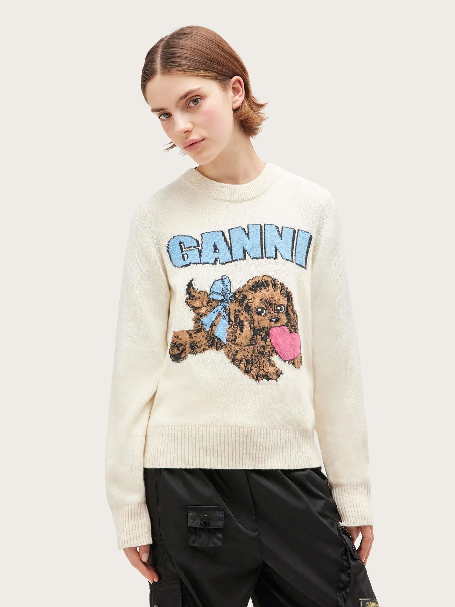 Graphic Wool Mix Fluffy Puppy Love Crewneck - Egret