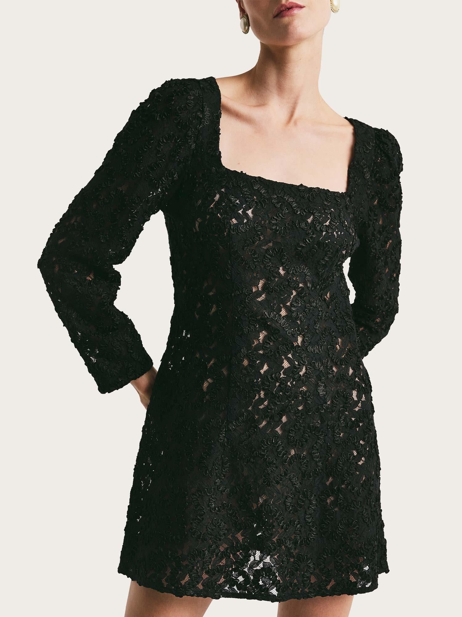 Embroidery Lace Mini Dress - Black