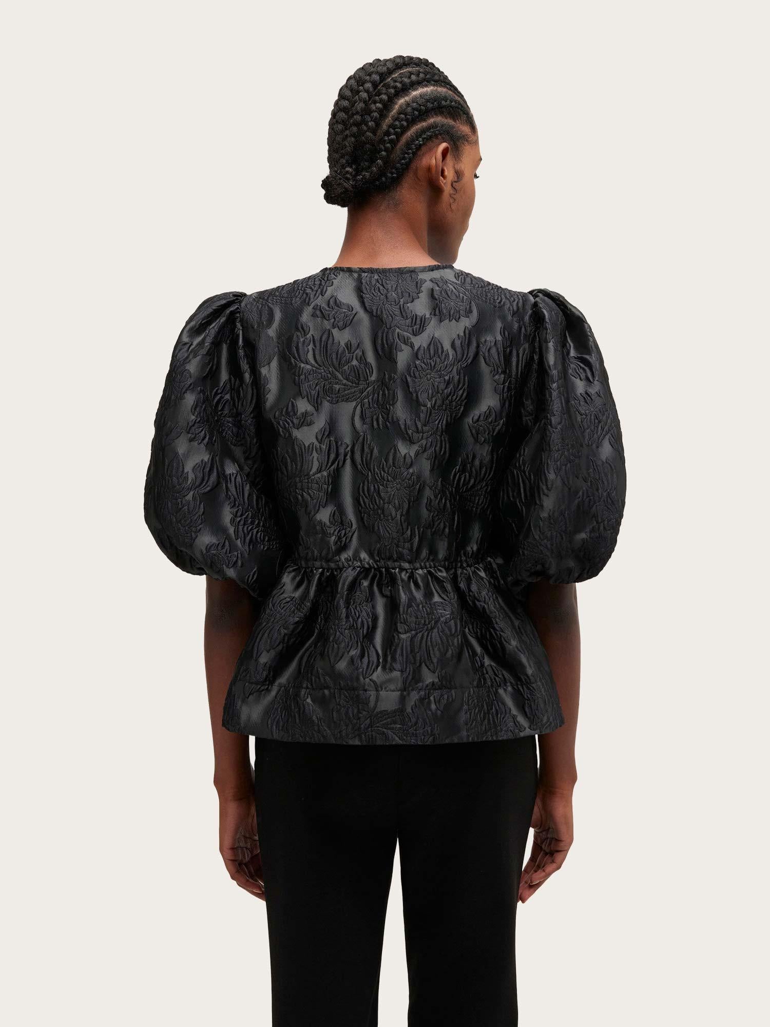 Satin Cloque Peplum Blouse - Black