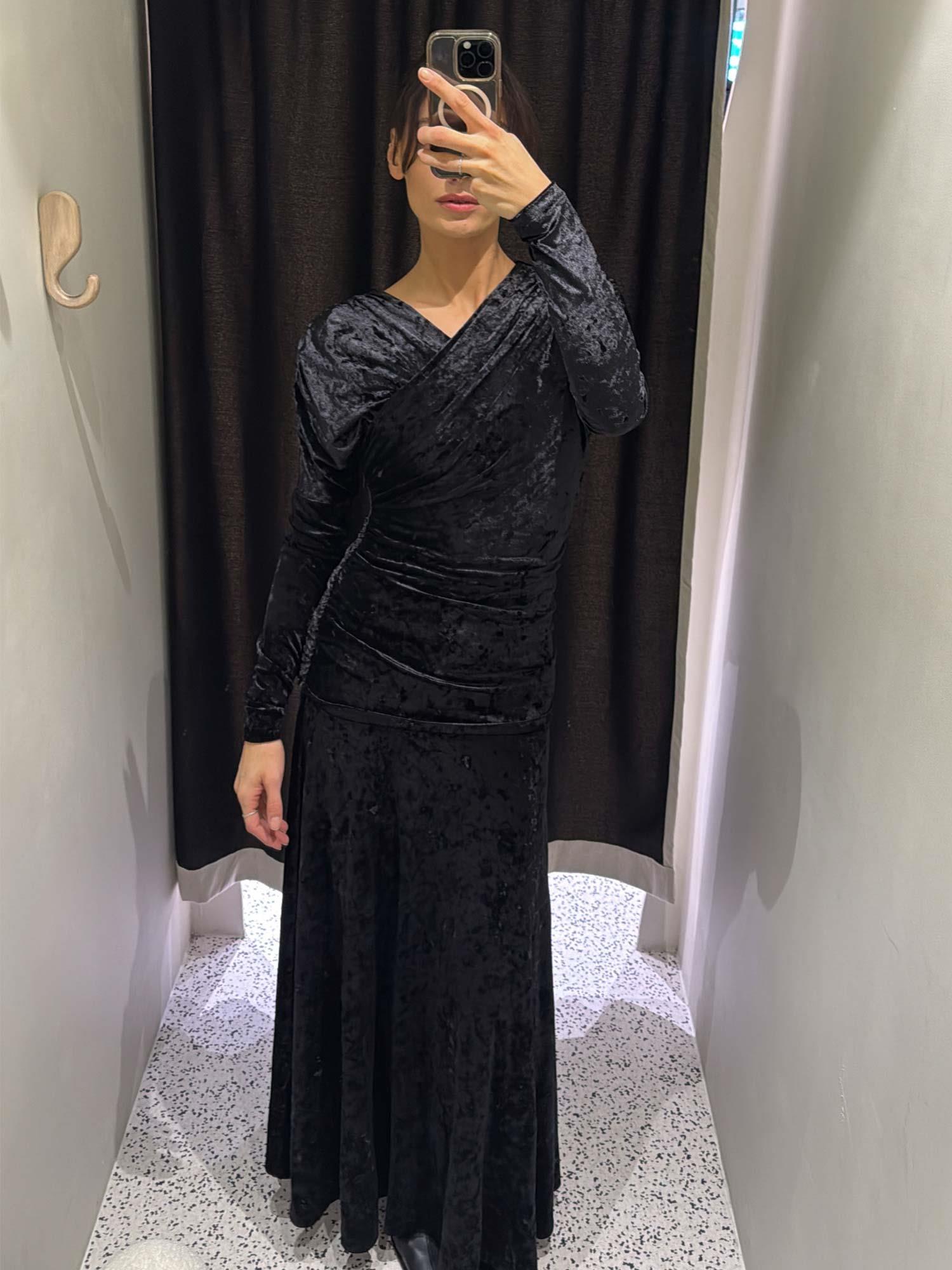 Velour Jersey Ruched Long Dress - Black