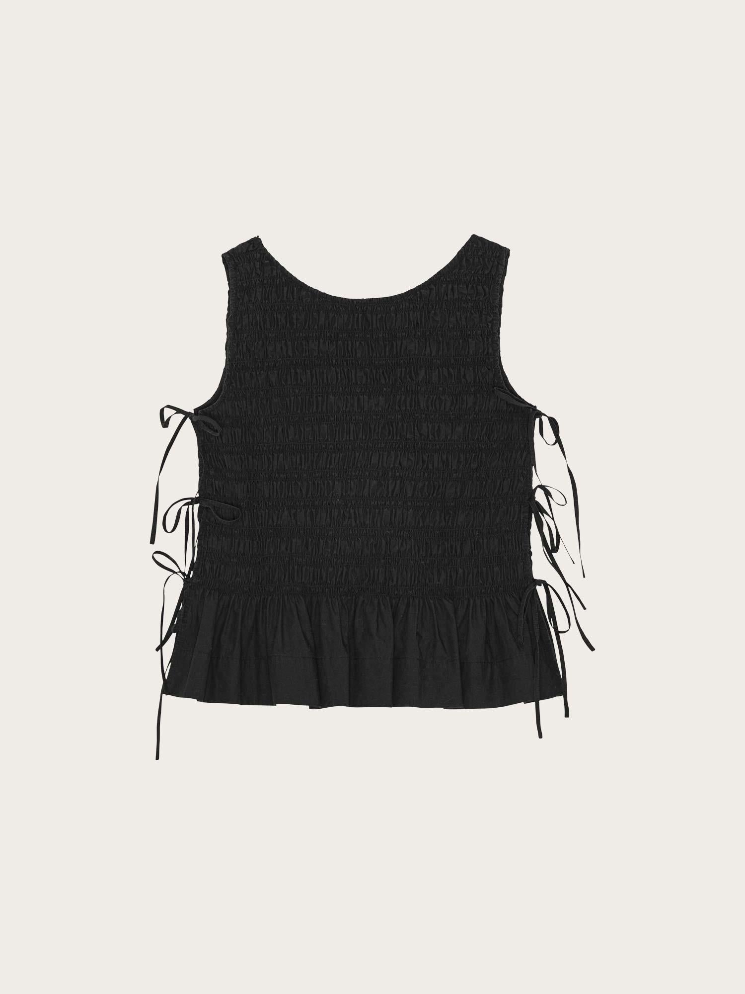 W0565 Cotton Poplin Smock Tie String Top - Black