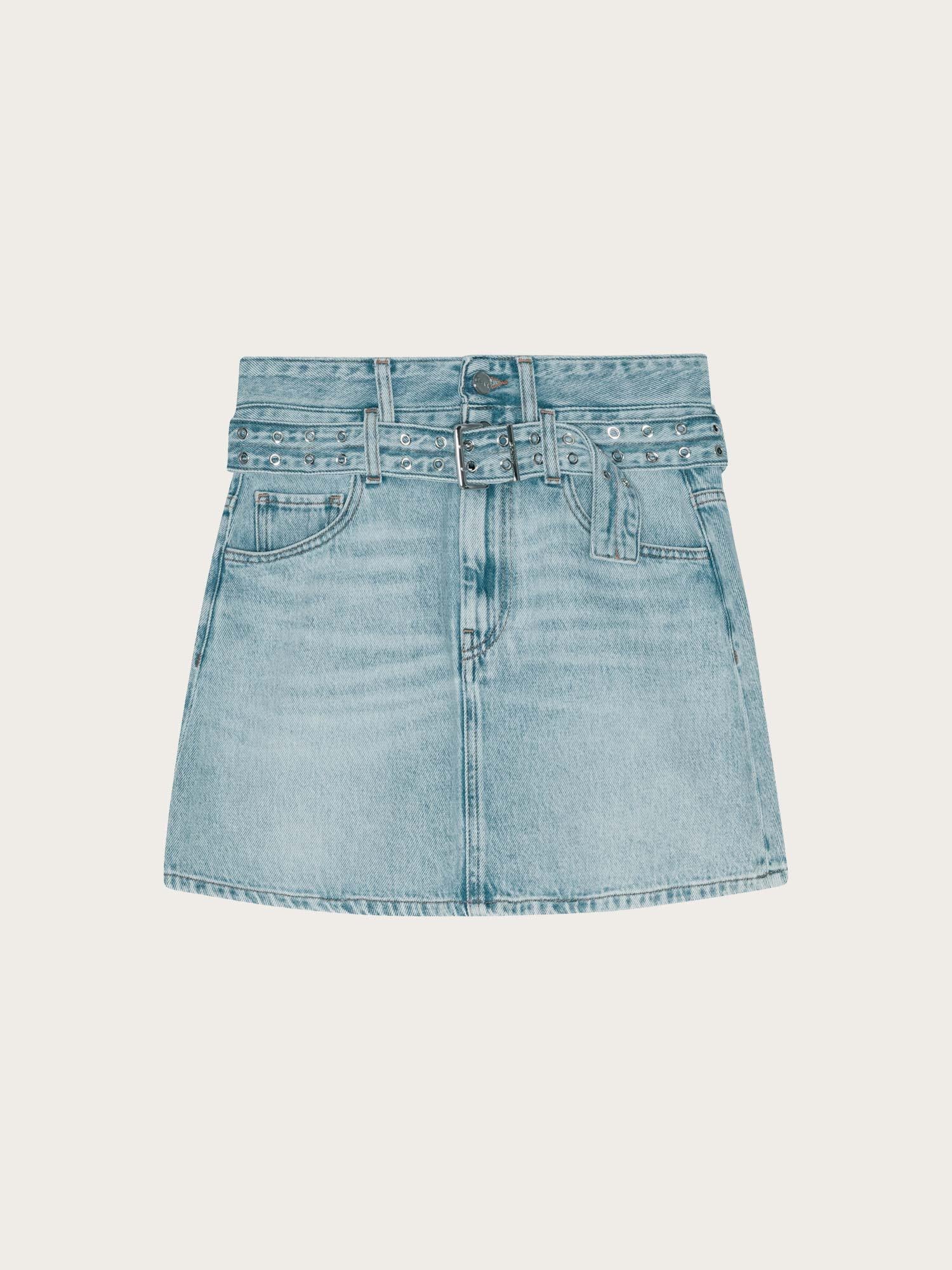 J1744 Soft Rigid Denim Mini Skirt - Light Blue Stone