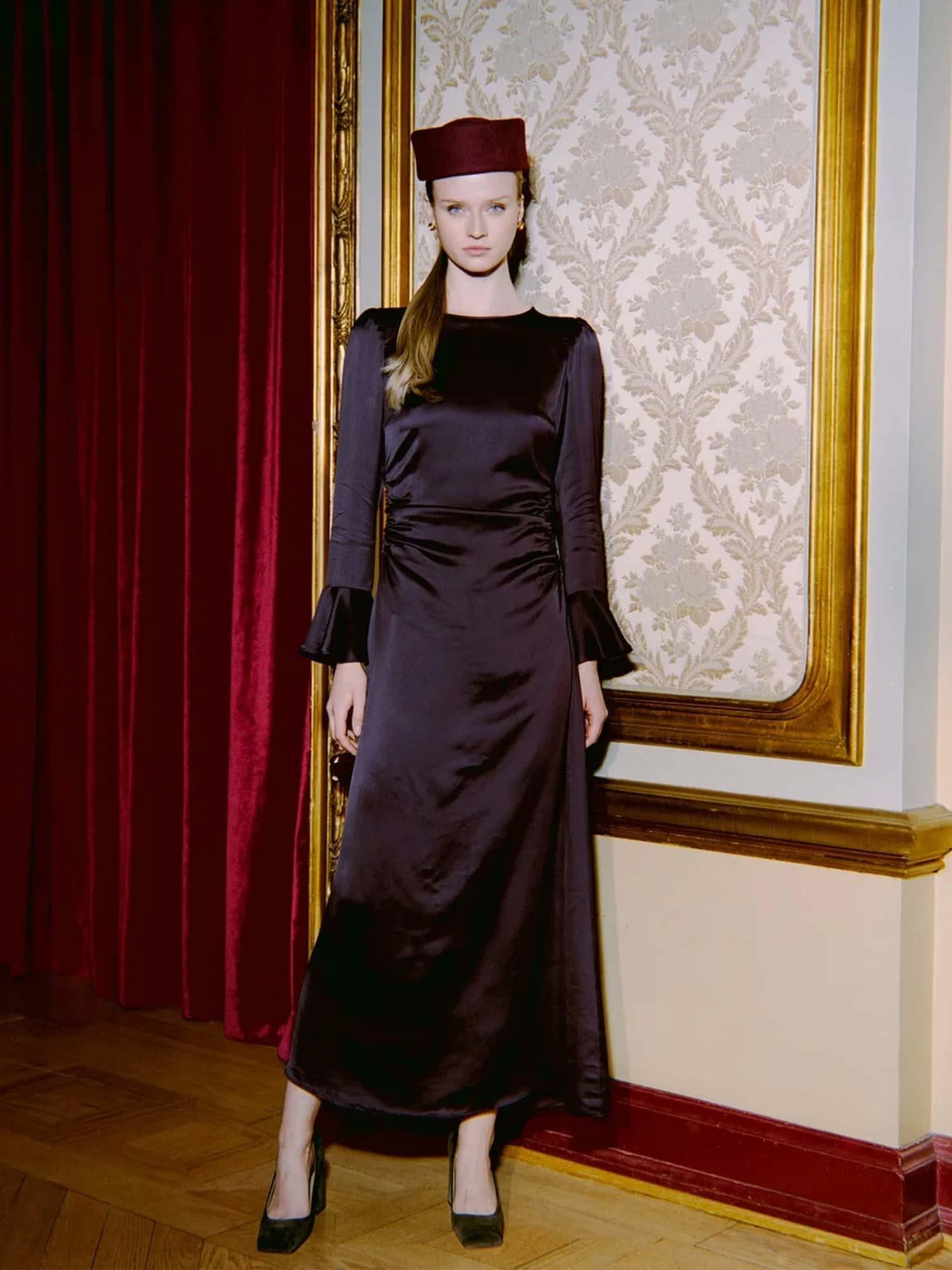 Satin Rouching Dress - Burgundy