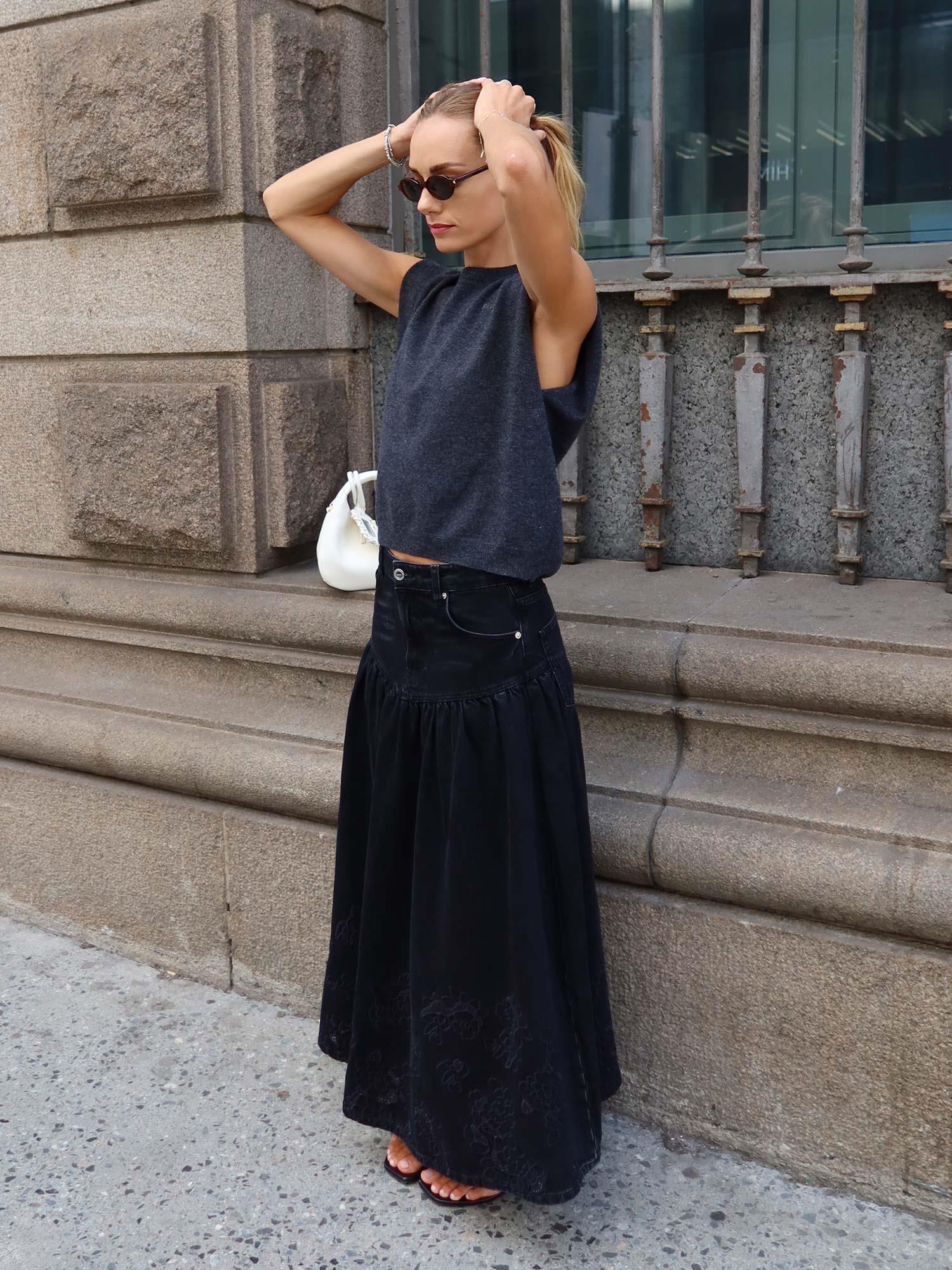 Broderie Anglaise Denim Midi Skirt - Black Washed