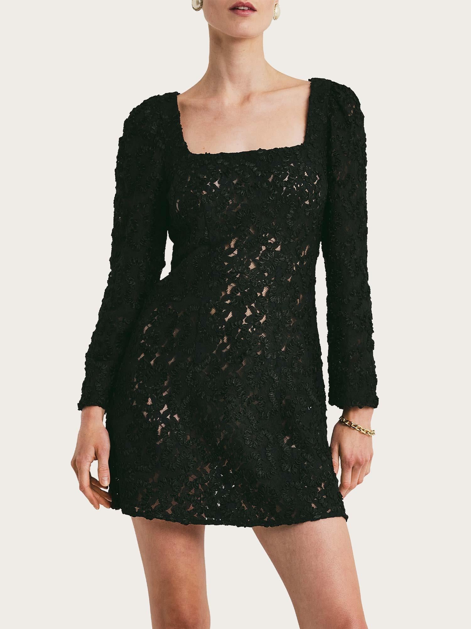 Embroidery Lace Mini Dress - Black