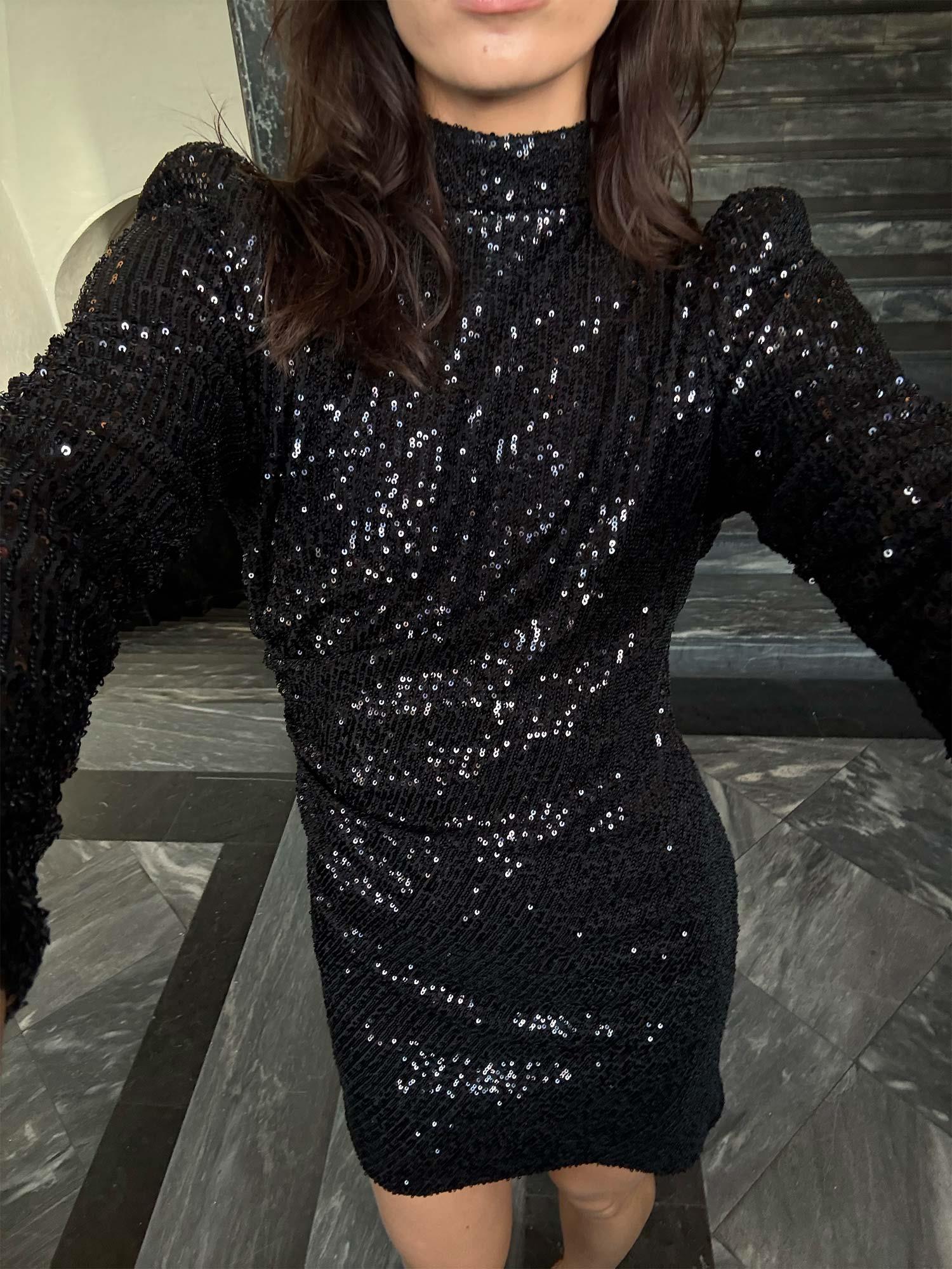 Sequins Rouching Dress - Black