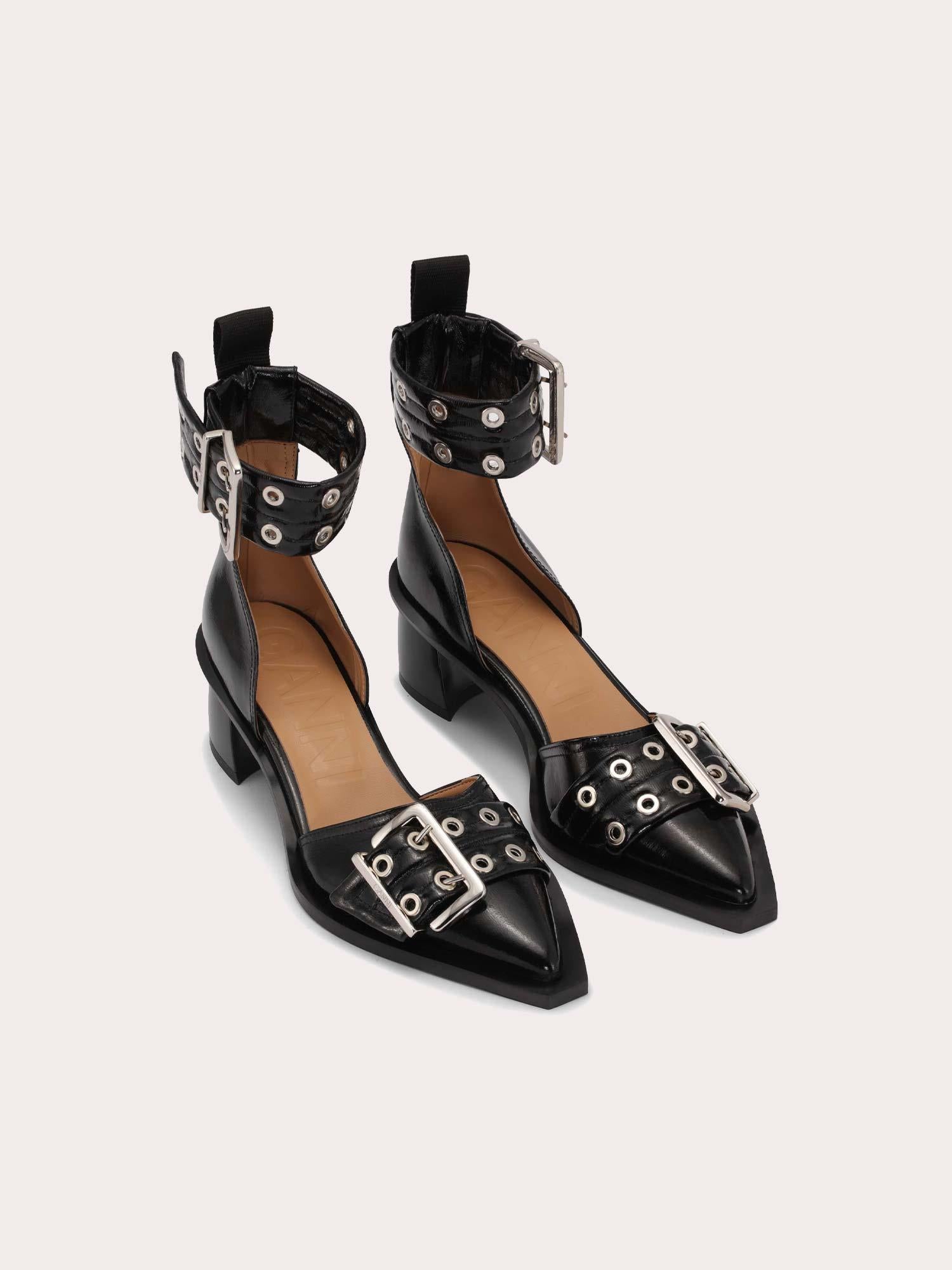 S2891 Feminine Buckle Open Cut Pump Naplack - Black