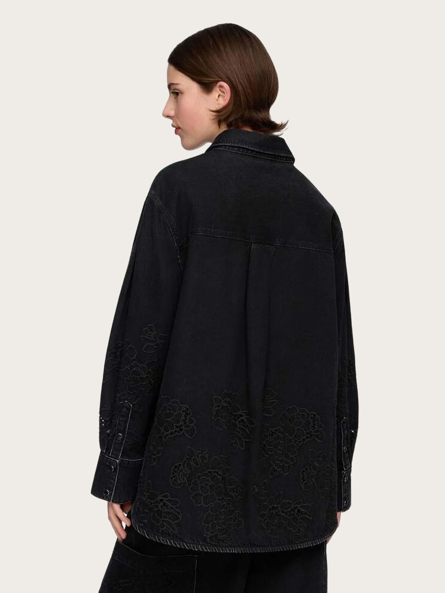 Broderie Anglaise Denim Loose Shirt - Black Washed