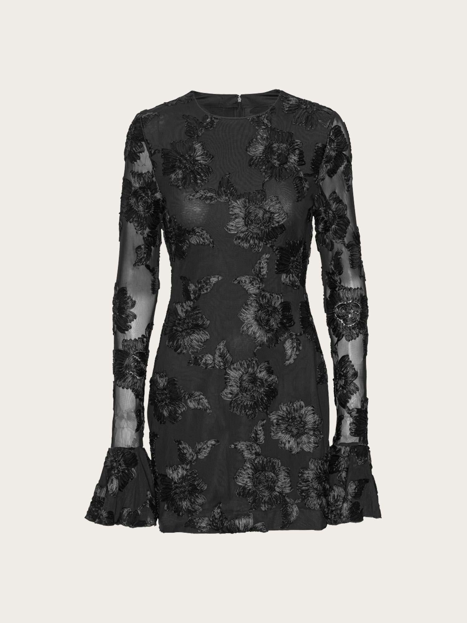 Flower Mesh Mini Dress - Black