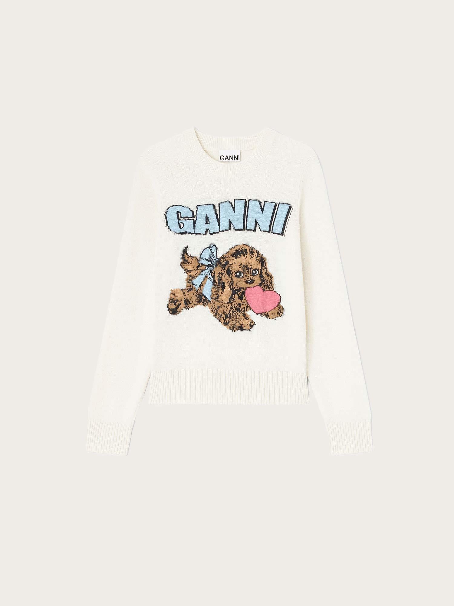 Graphic Wool Mix Fluffy Puppy Love Crewneck - Egret
