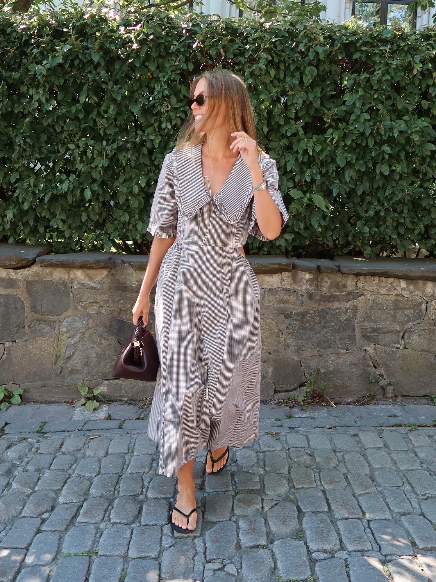 Check Cotton Cut Out Midi Dress - Chicory Coffee