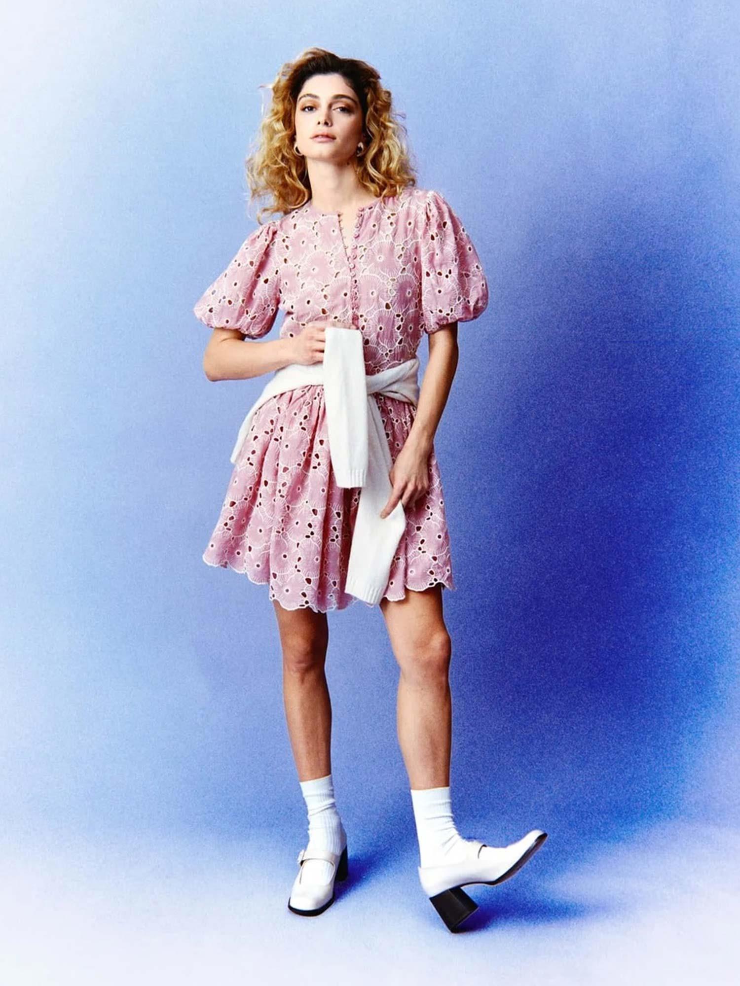 Borderie Anglaise Puffed Dress - Rose Pink
