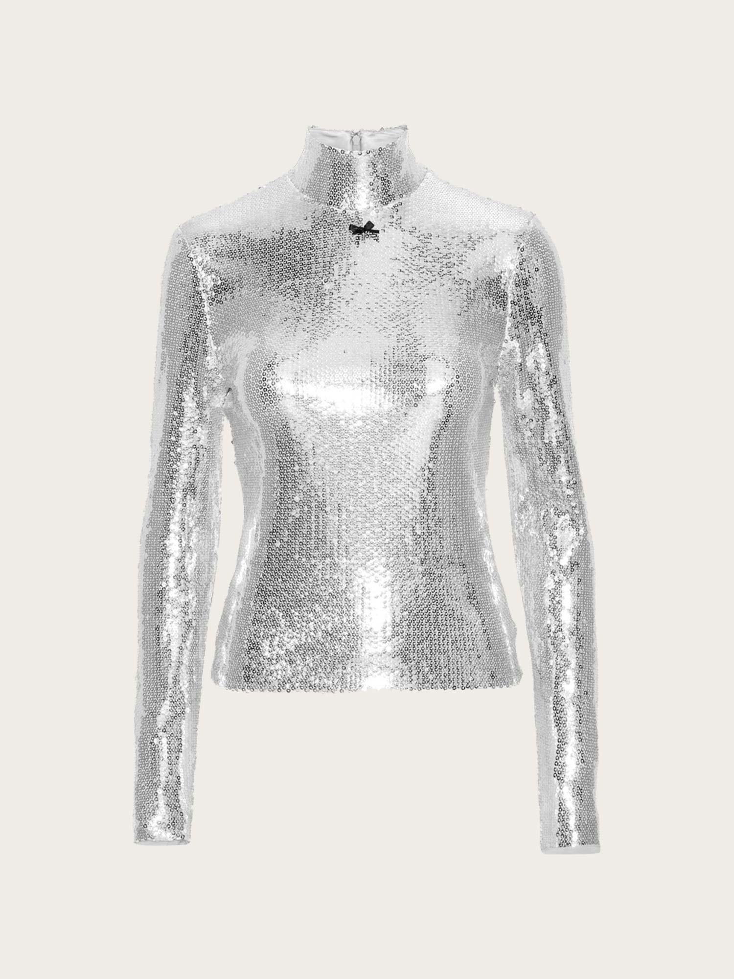 Sequin High Collar Top - Silver