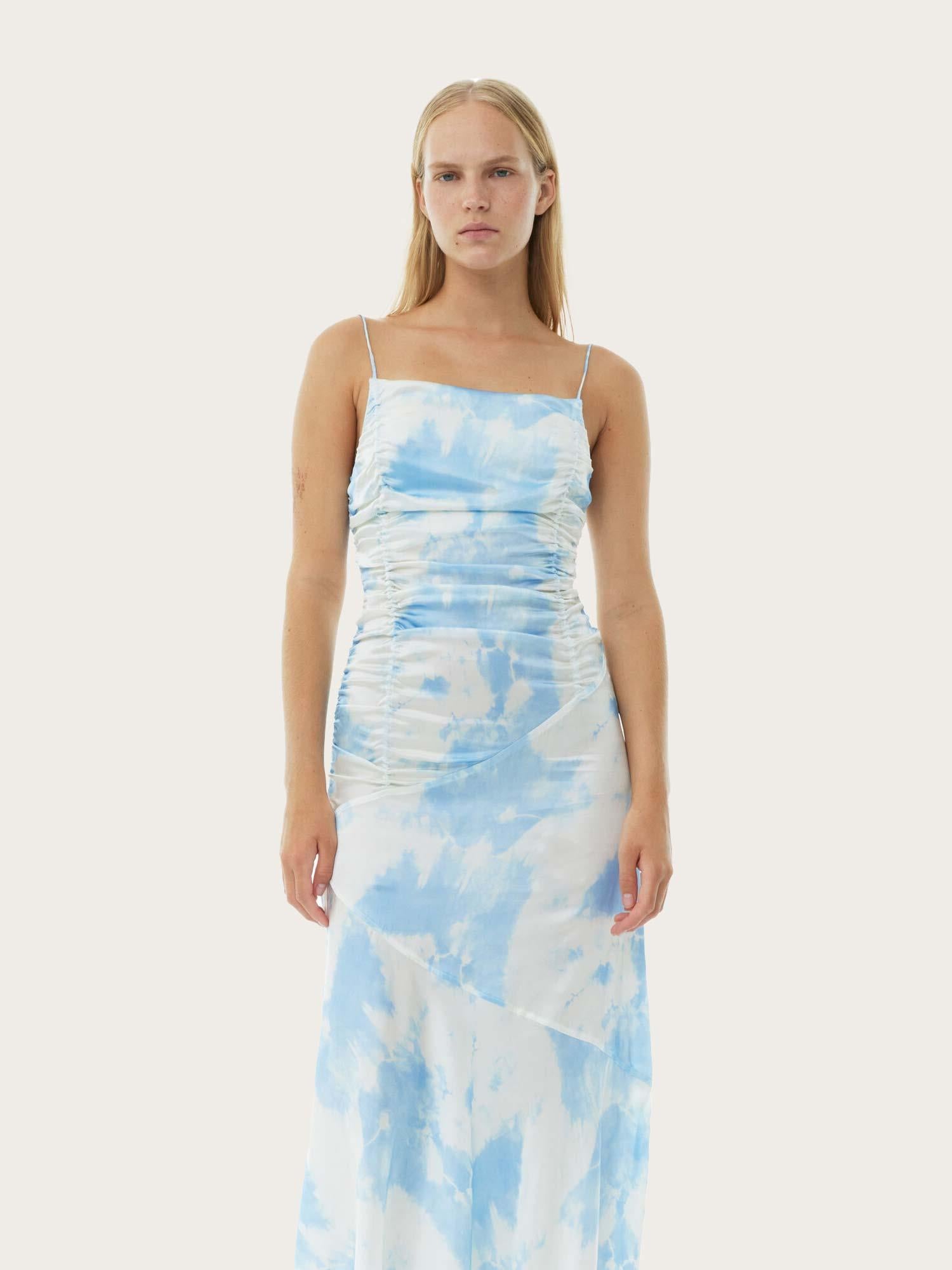 F9151 Printed Satin Ruched Long Slip Dress - Powder Blue