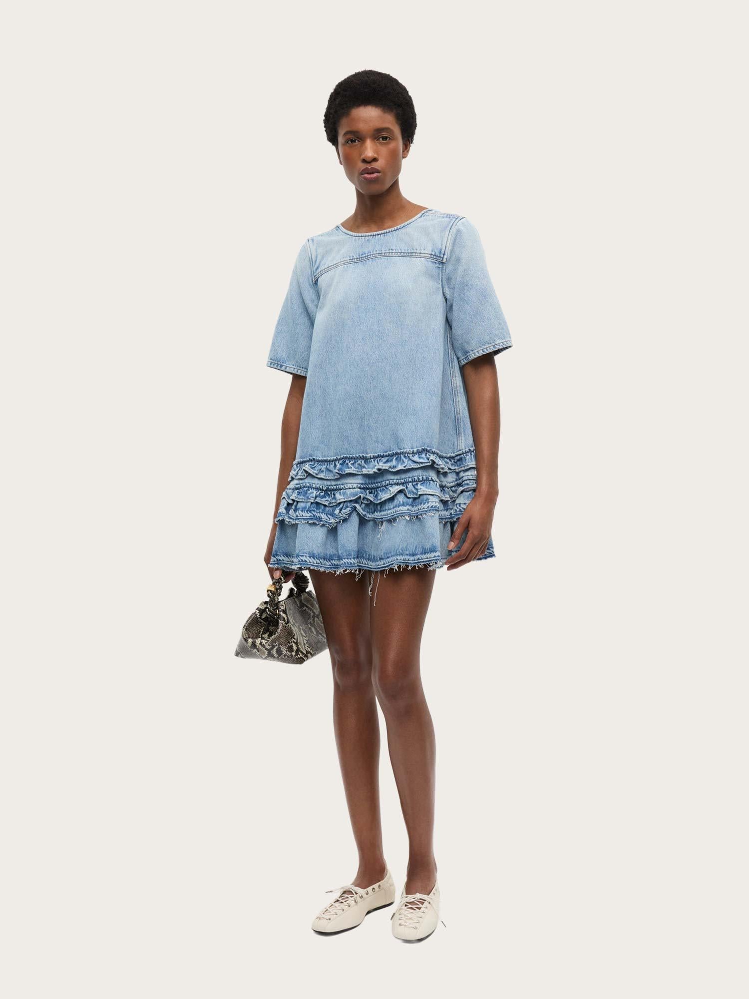 J1857 Soft Rigid Denim Open Back Frill Mini Dress - Light Blue Stone