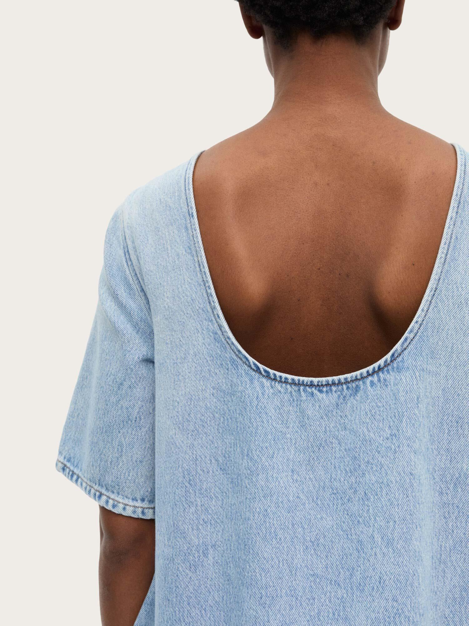 J1857 Soft Rigid Denim Open Back Frill Mini Dress - Light Blue Stone