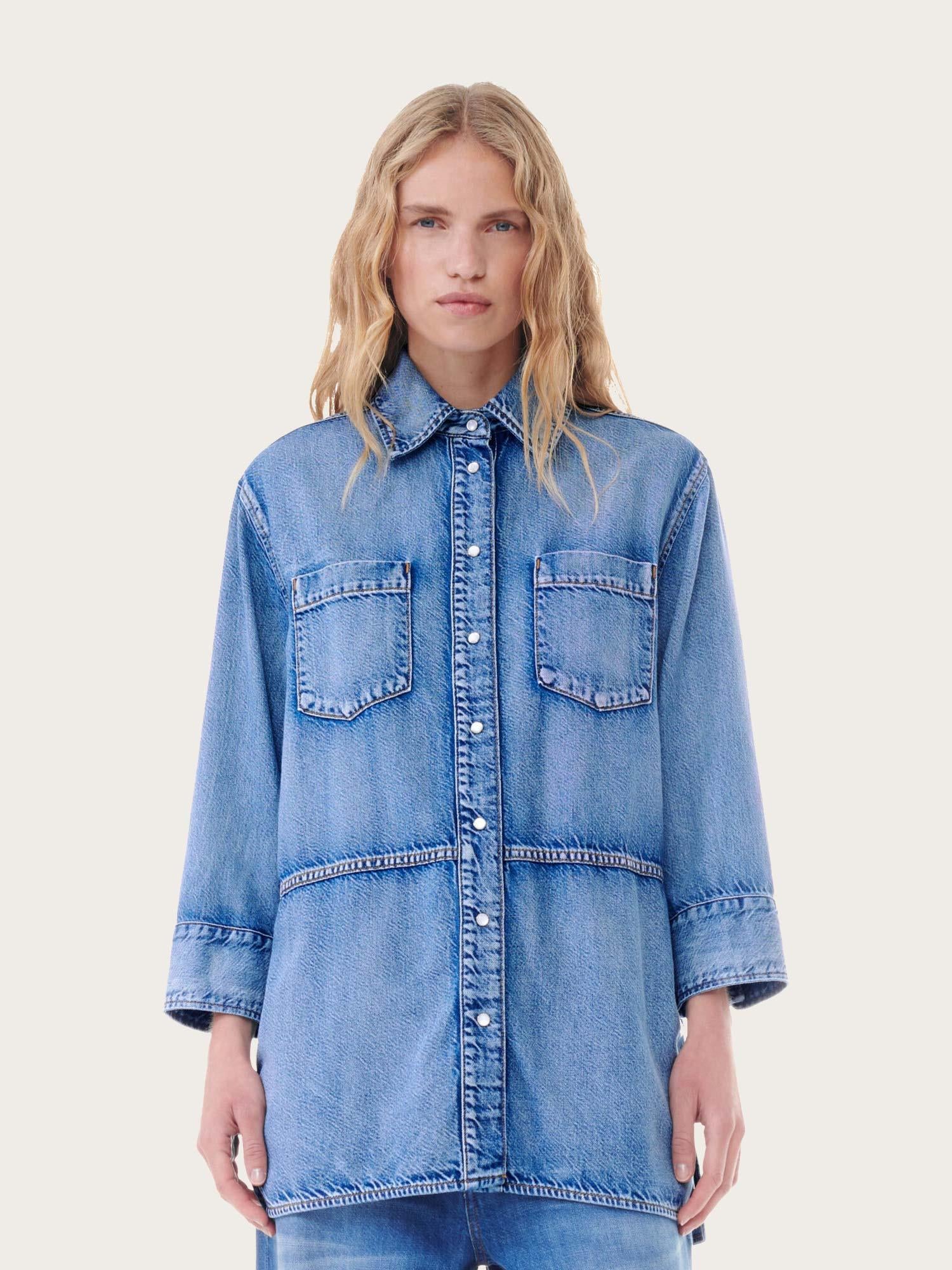 J1489 Light Denim Oversized Shirt - Mid Blue Vintage