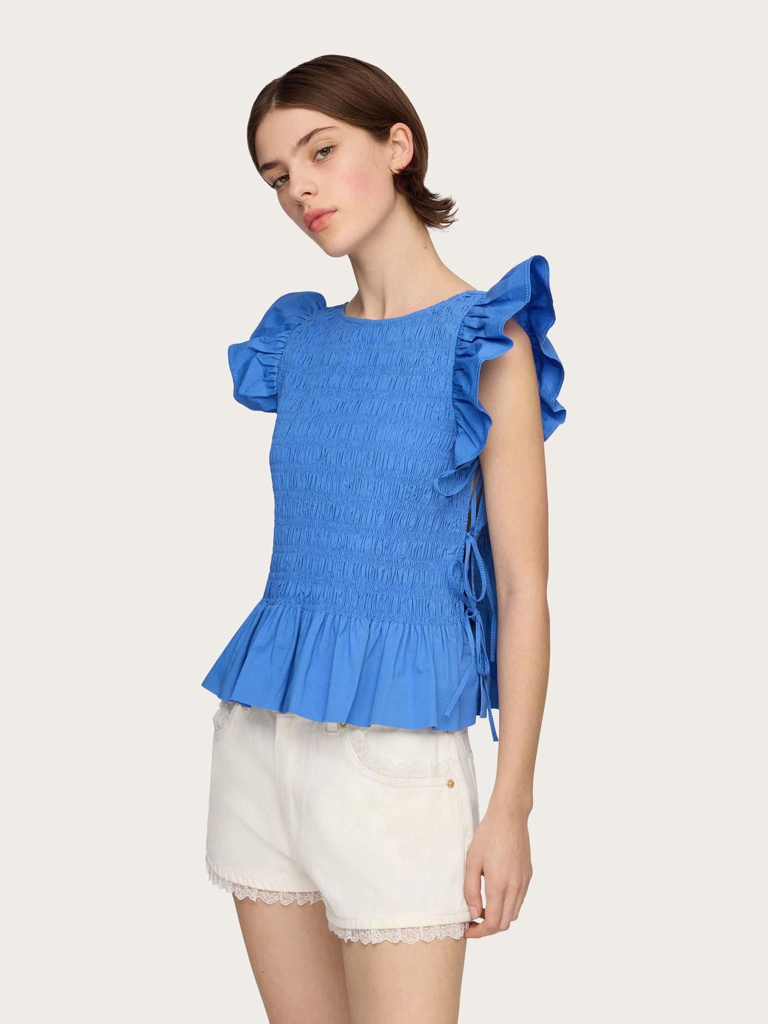 Stretch Cotton Angel Sleeve Smocked Top - Marina