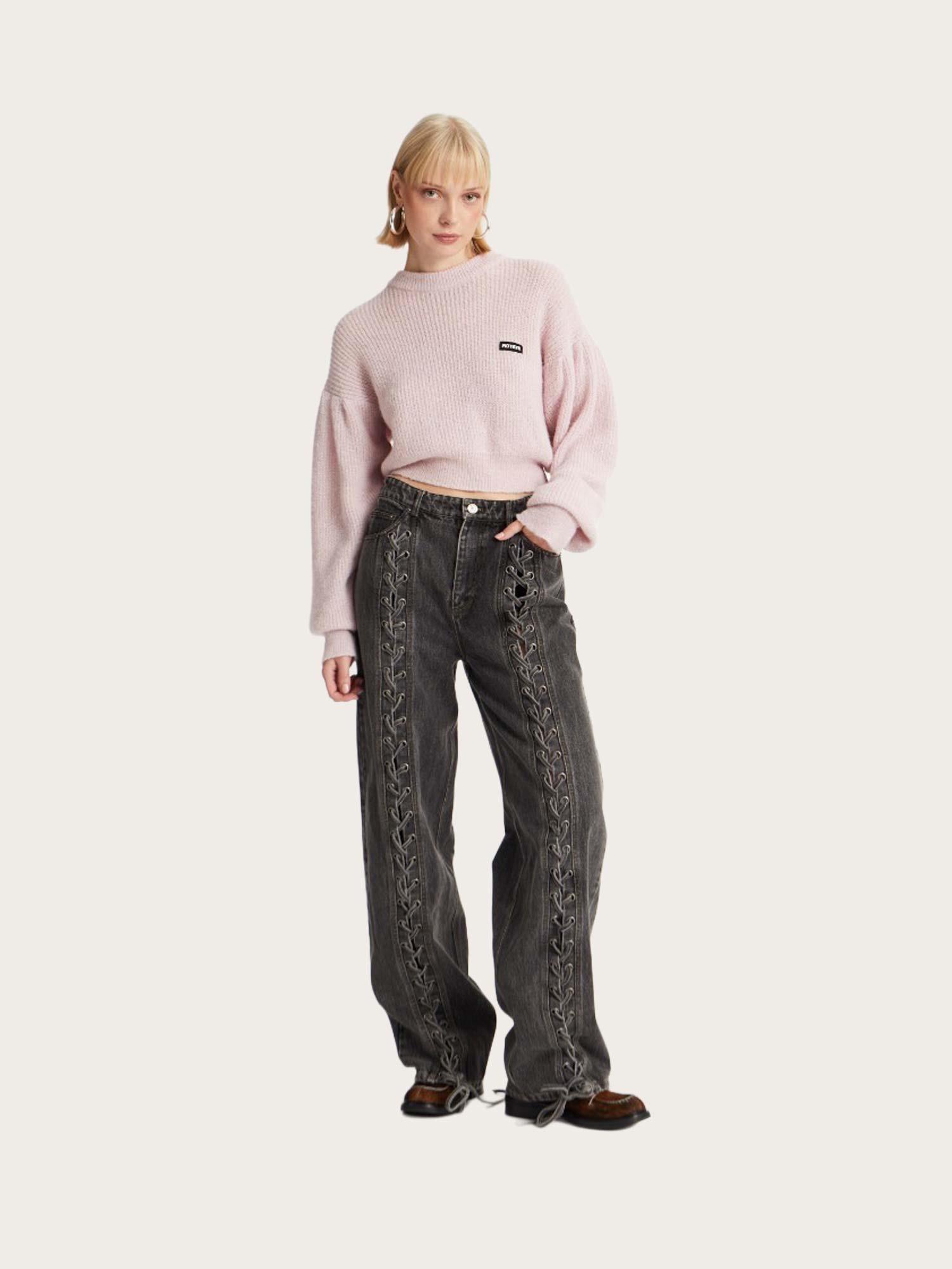Denim Laced Leg Pants - Black