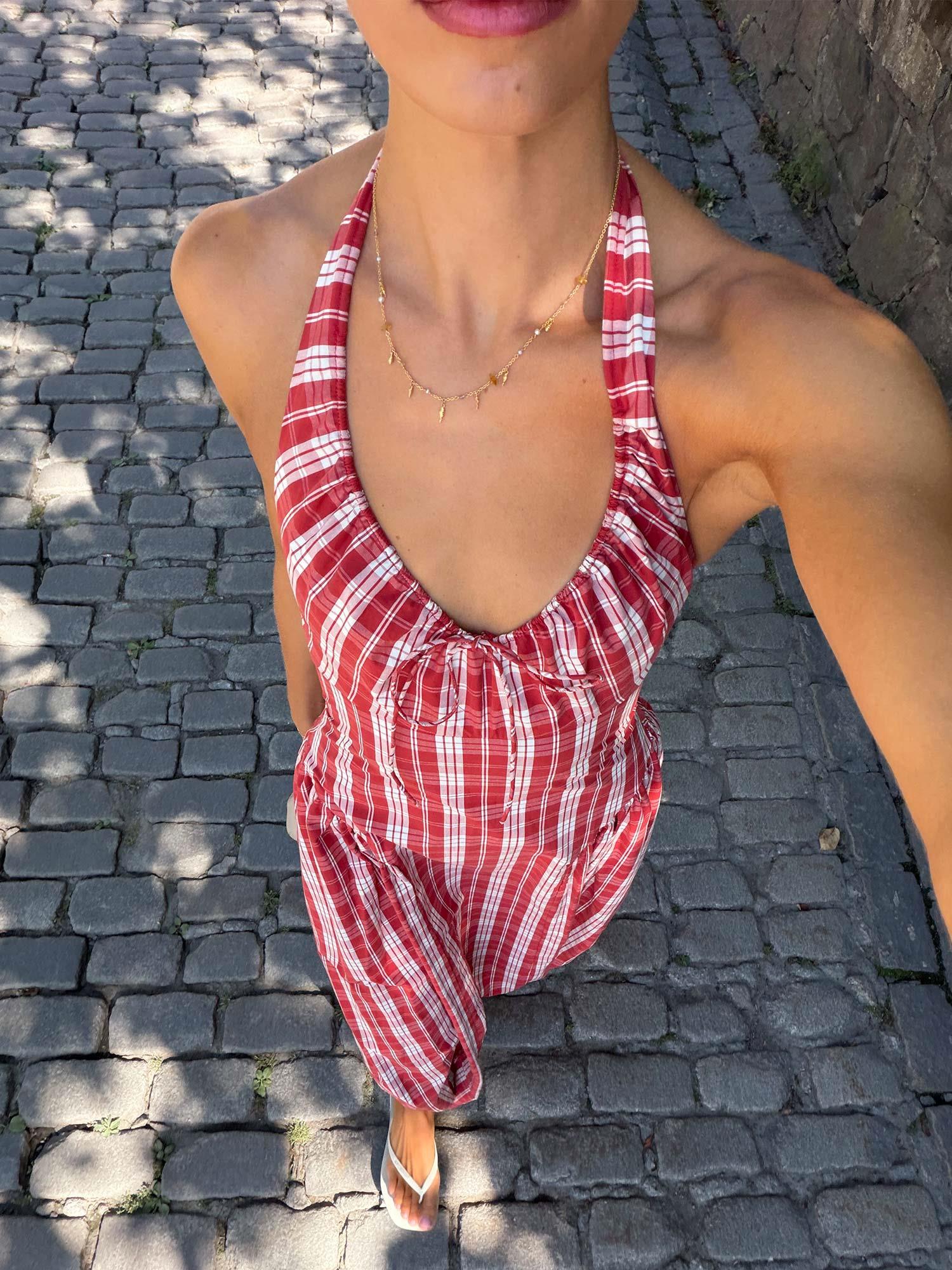 Del Ros Midi Dress - Ines Check Terra Rosso