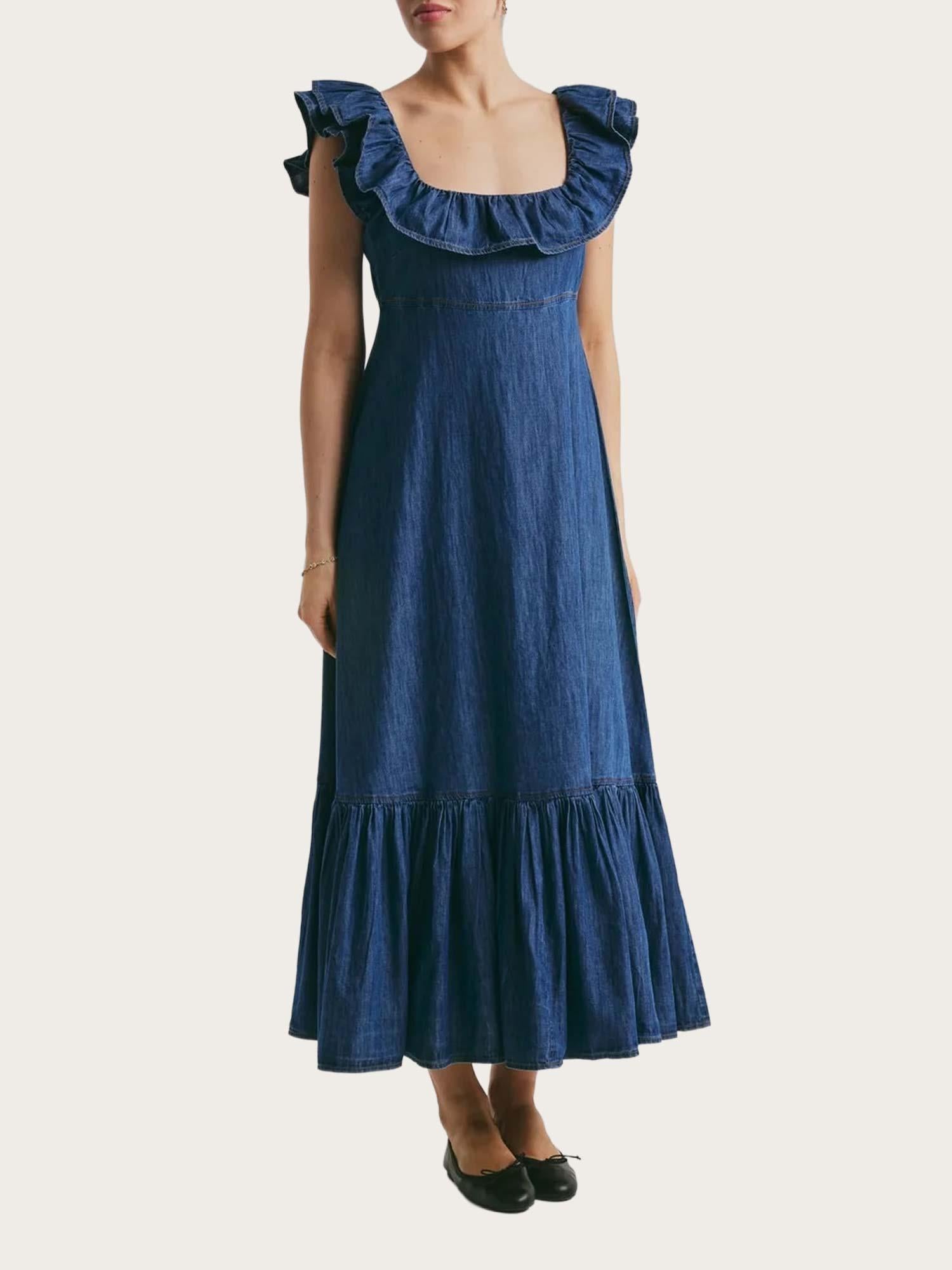 Denim Ruﬄe Dress - Dark blue