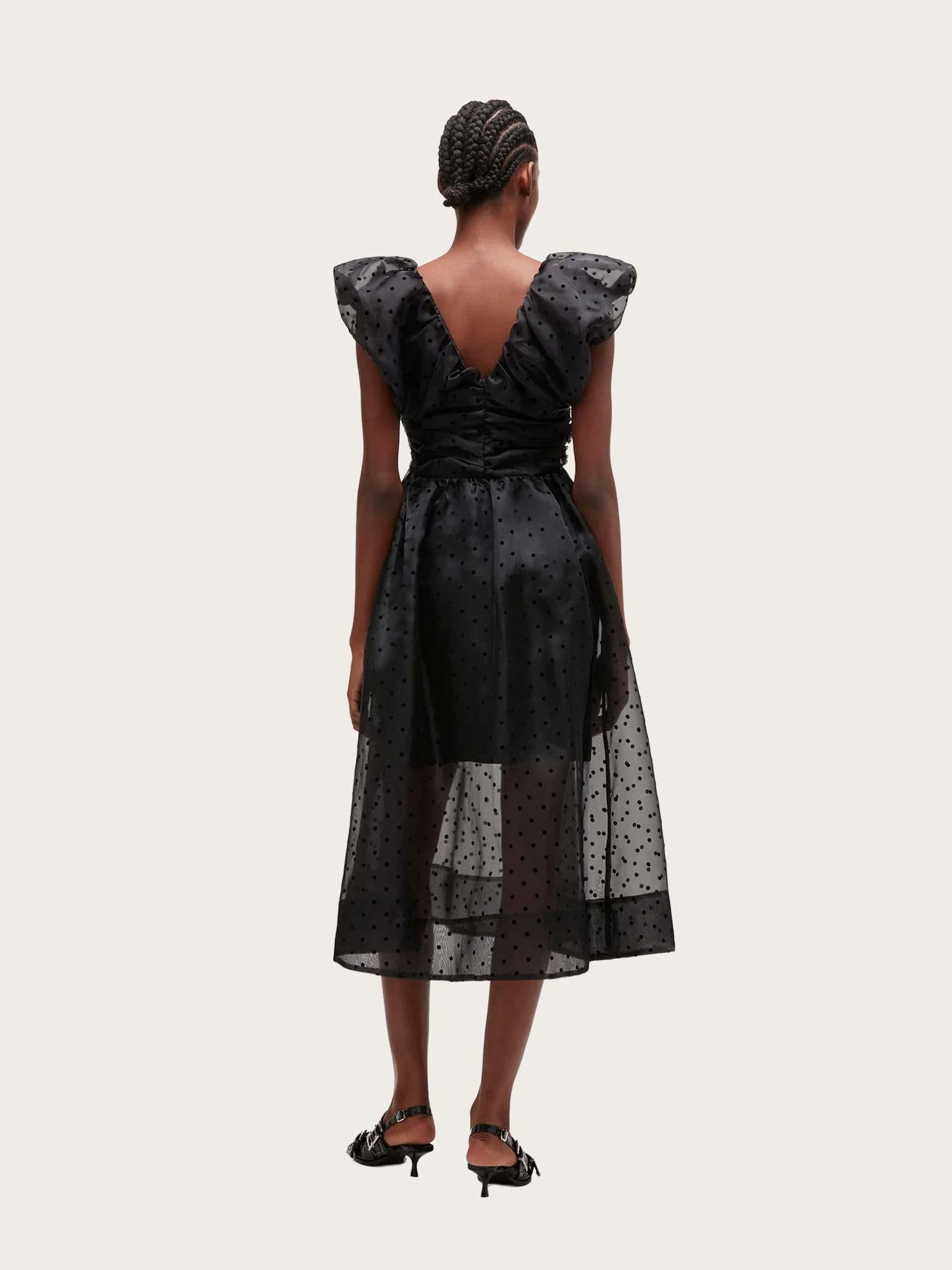 Flocked Organza Long Ruched Dress - Black