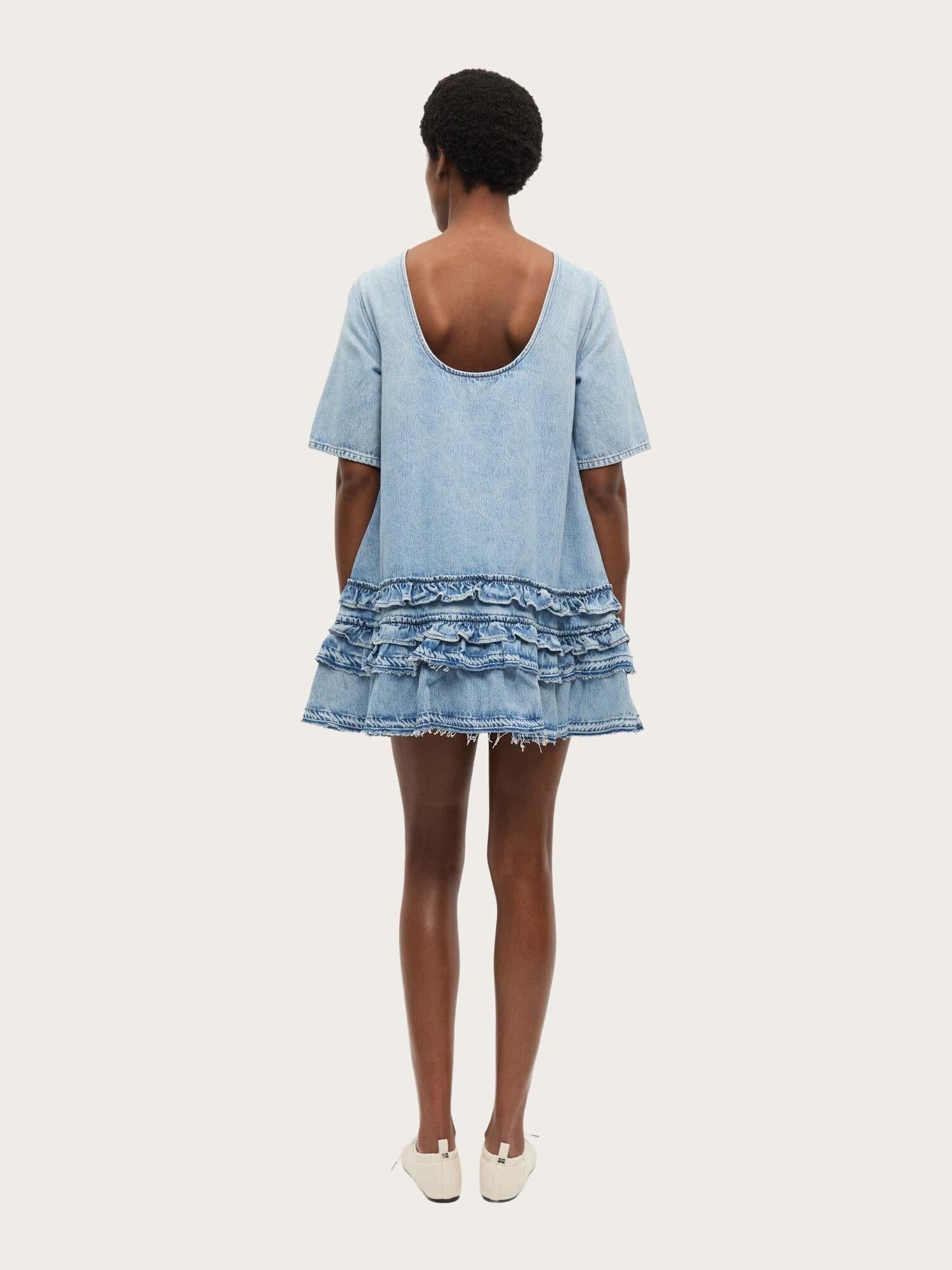 J1857 Soft Rigid Denim Open Back Frill Mini Dress - Light Blue Stone