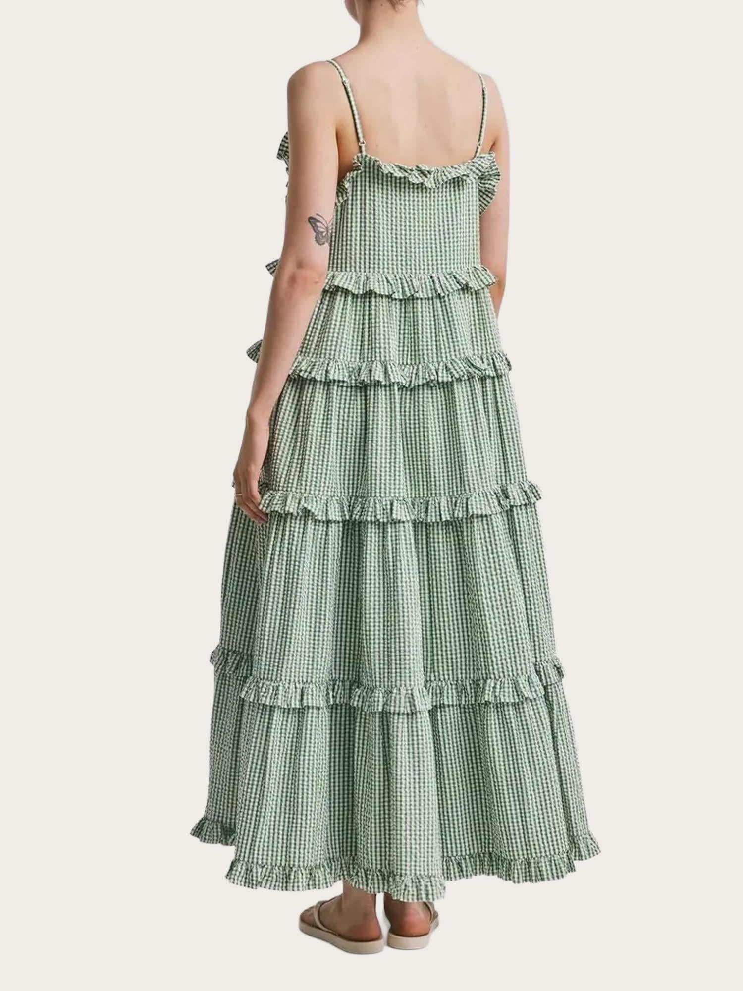 Seersucker Strap Dress - Green Checks
