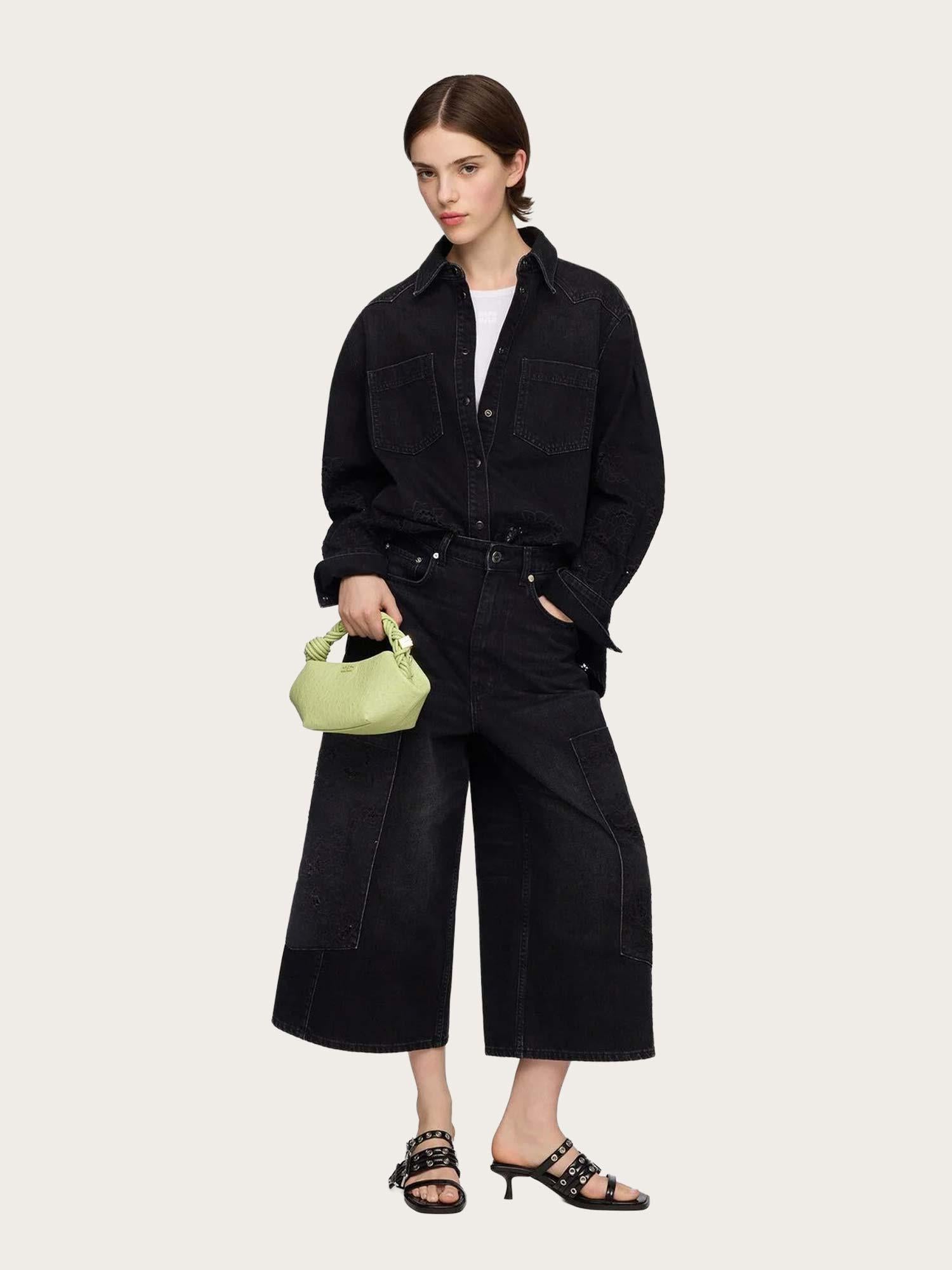 Broderie Anglaise Denim Loose Shirt - Black Washed