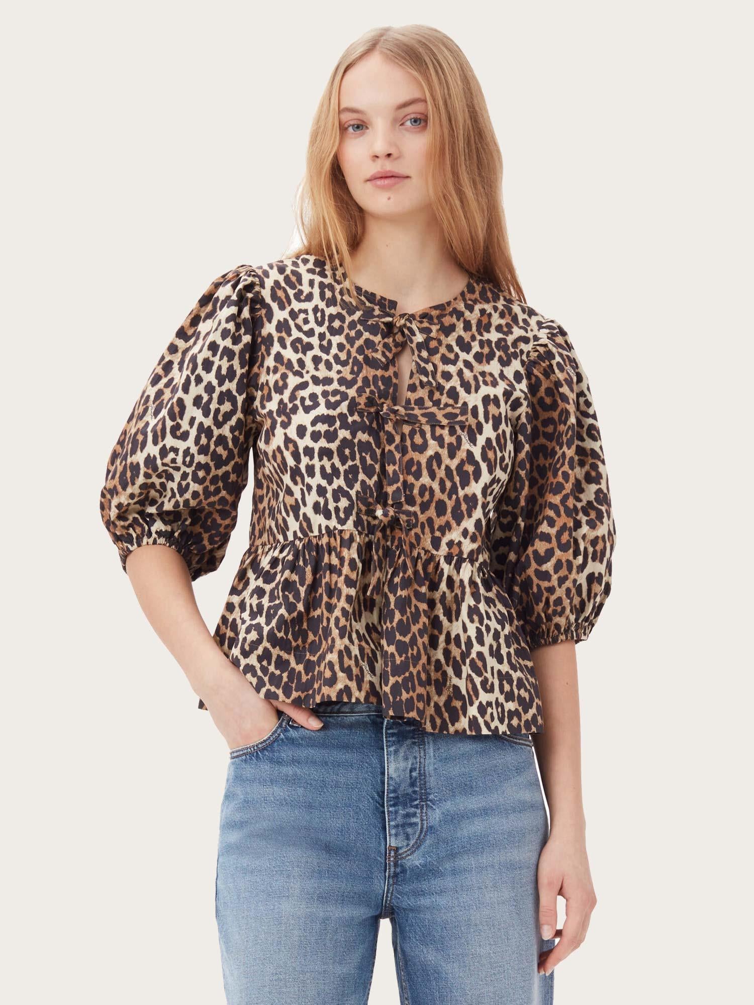 F9116 Printed Cotton Poplin Peplum Blouse - Leopard