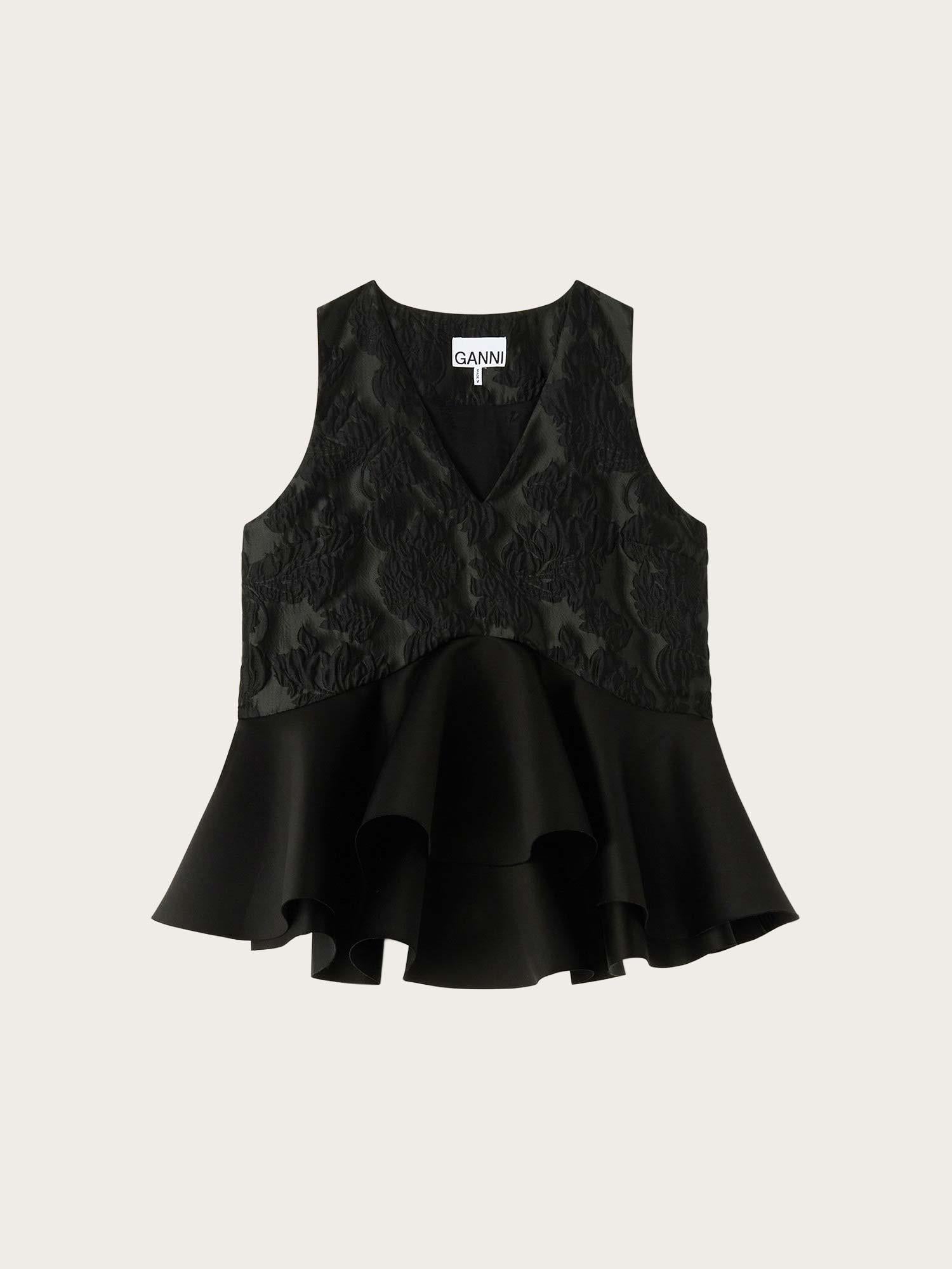 Satin Cloque Sleeveless Peplum Blouse - Black