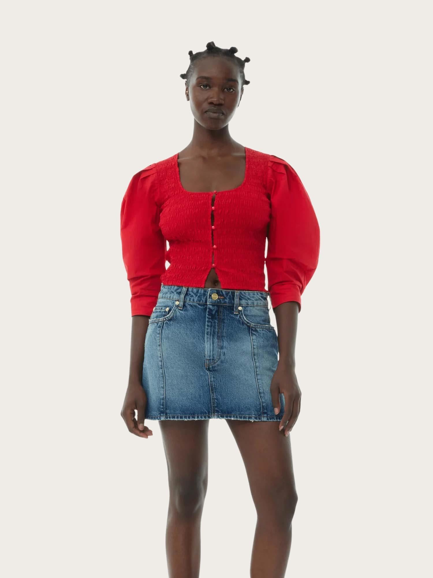 W0904 Cotton Poplin Smock Tie String Top - Racing Red