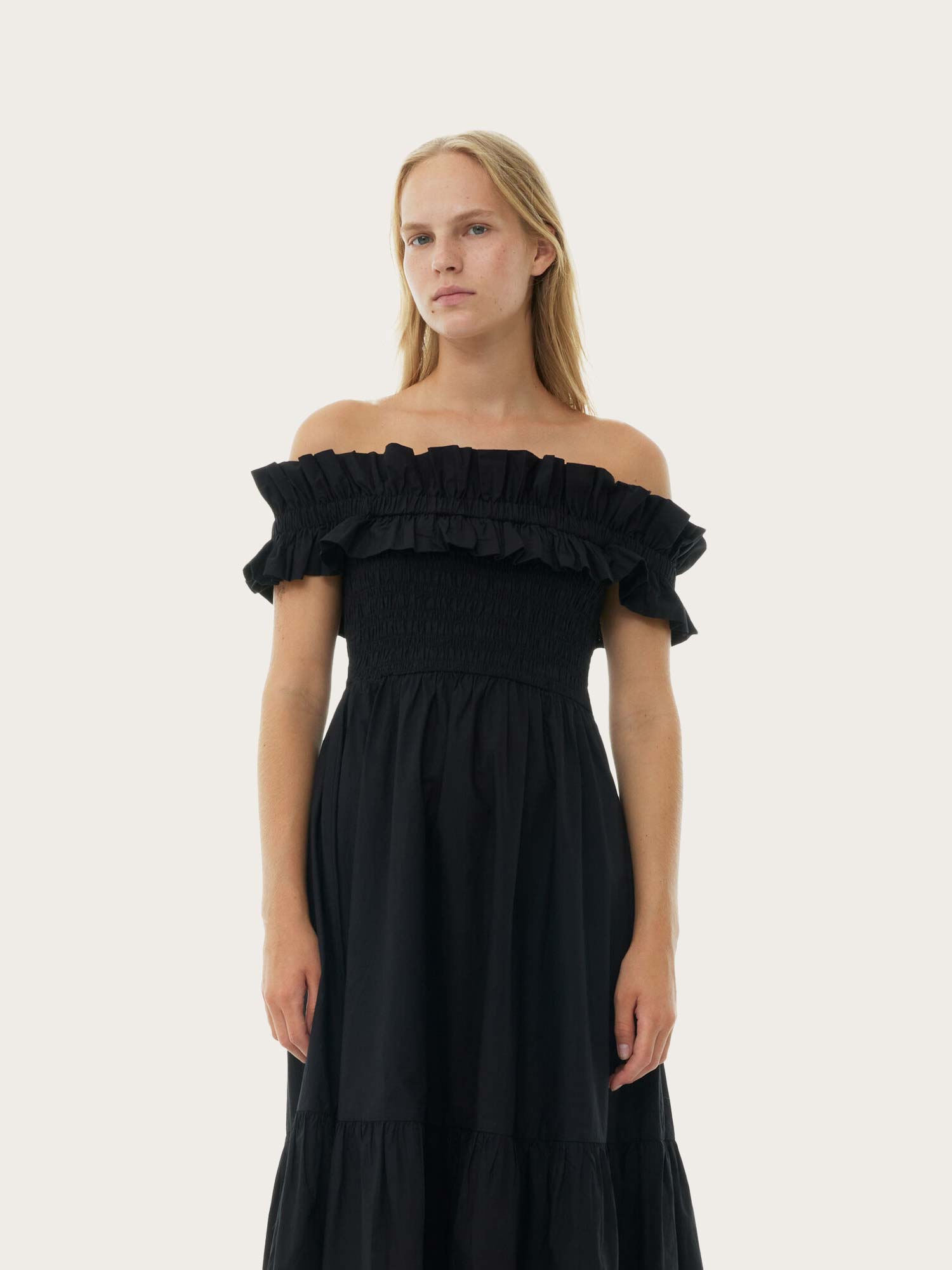 F9168 Cotton Poplin Long Smock Dress - Black