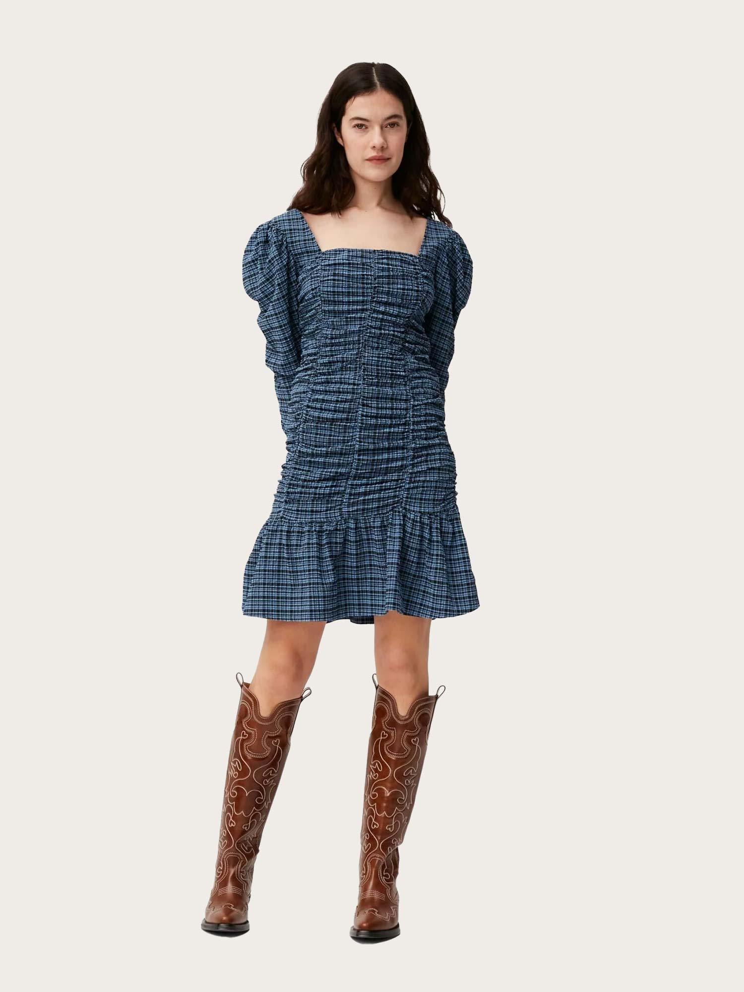 F7257 Stretch Seersucker Gathered Mini Dress - Mini Check Granada