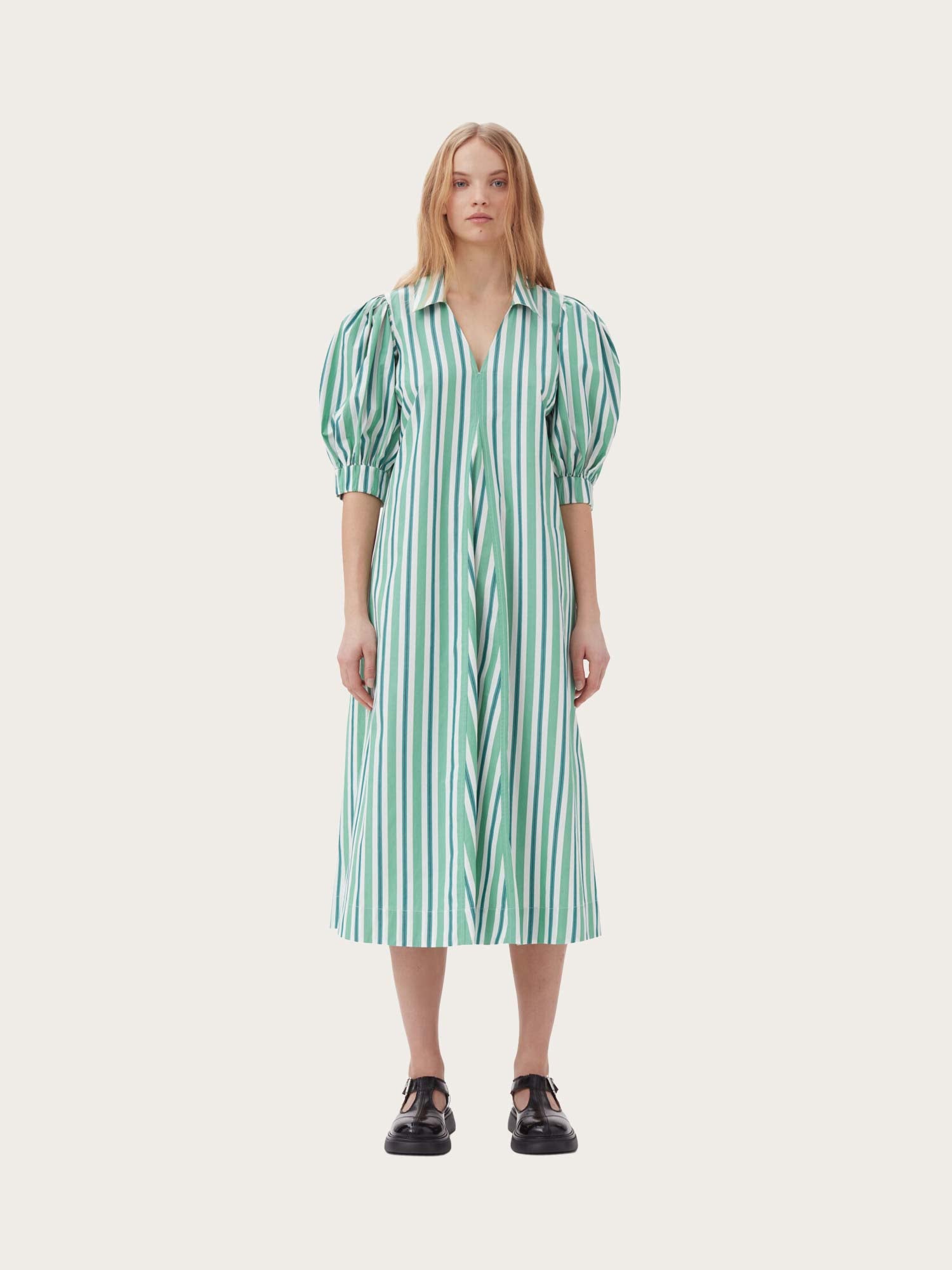 F9018 Stripe Cotton Collar Long Dress - Creme de Menthe