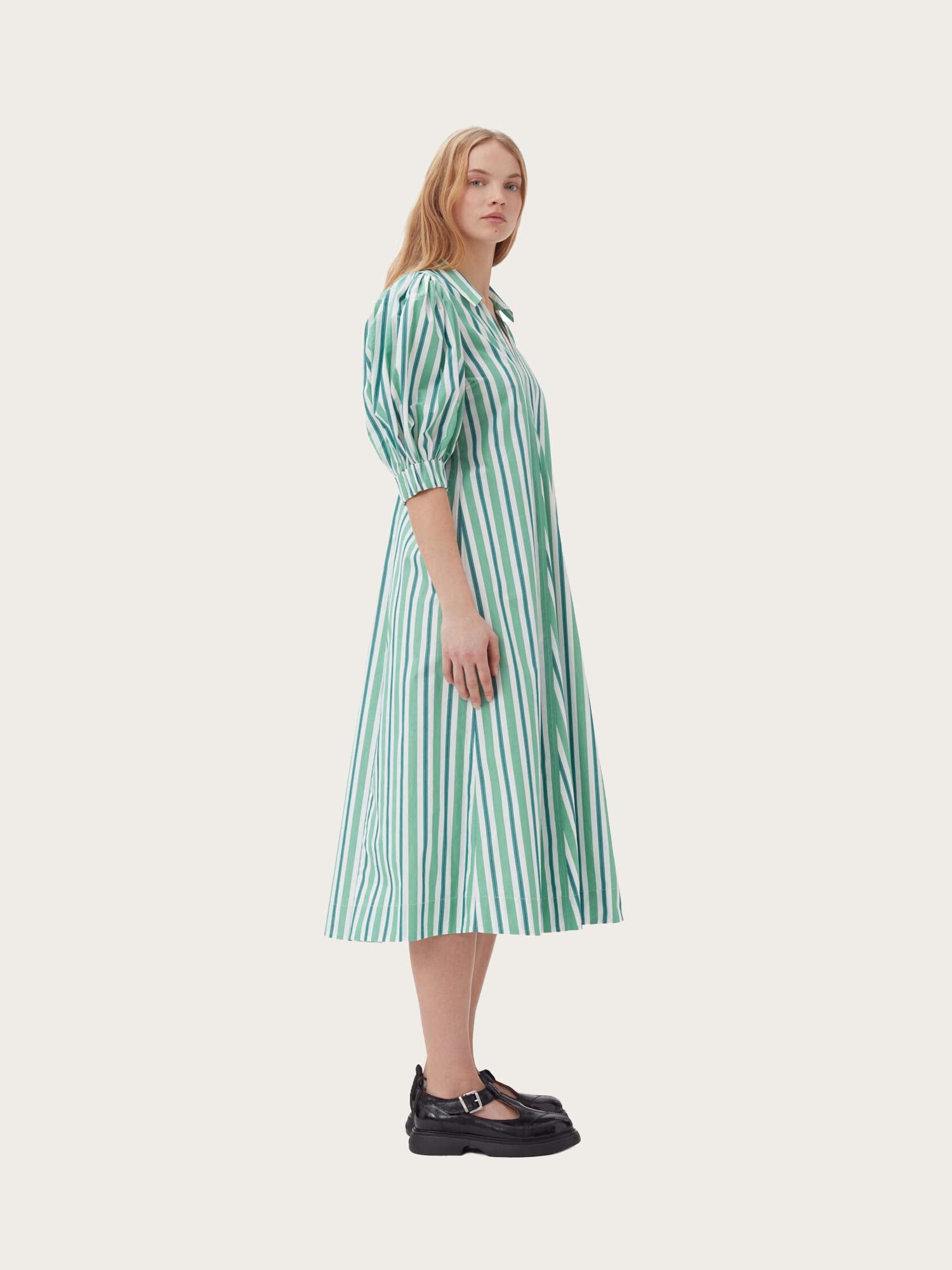 F9018 Stripe Cotton Collar Long Dress - Creme de Menthe