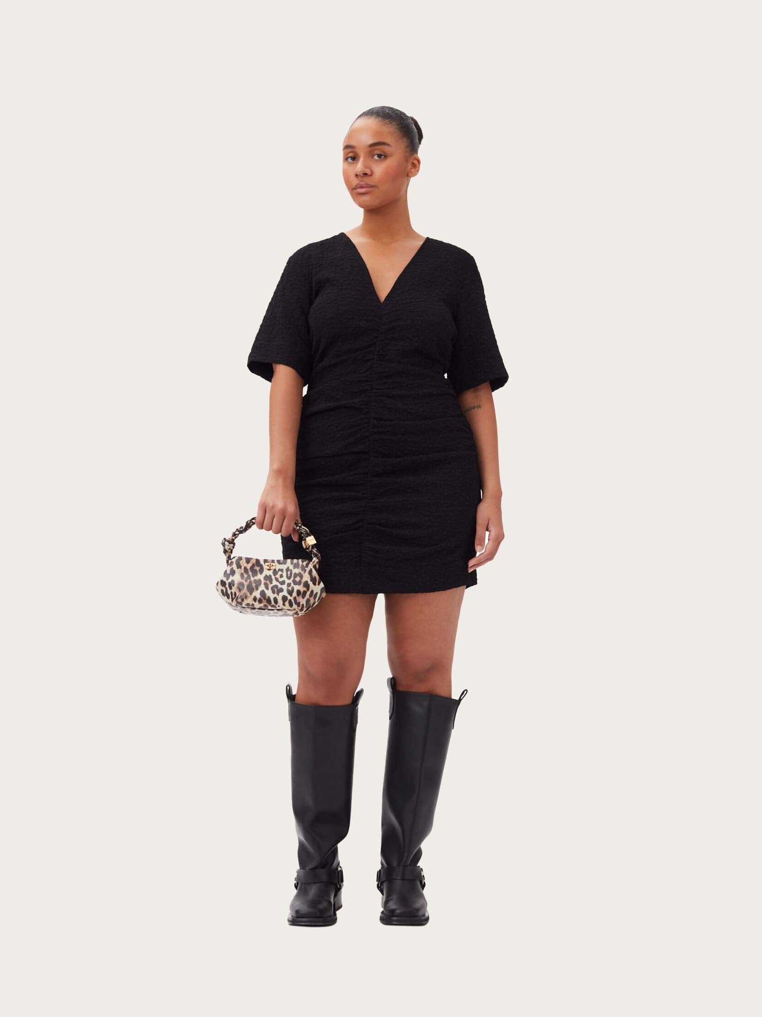 F9039 Textured Suiting Mini Dress - Black
