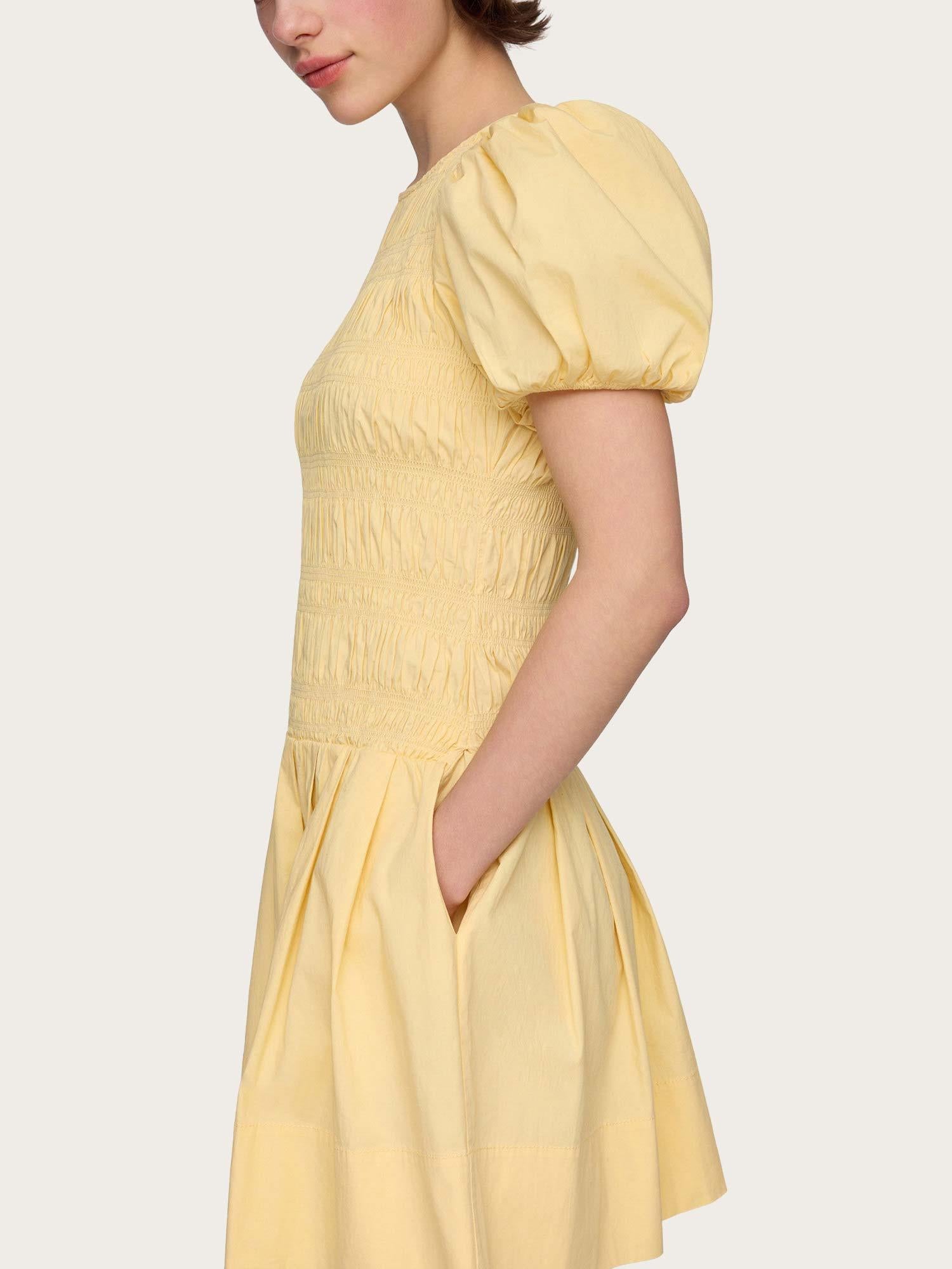Stretch Cotton Mini Smocked Pleated Dress - Italian Straw