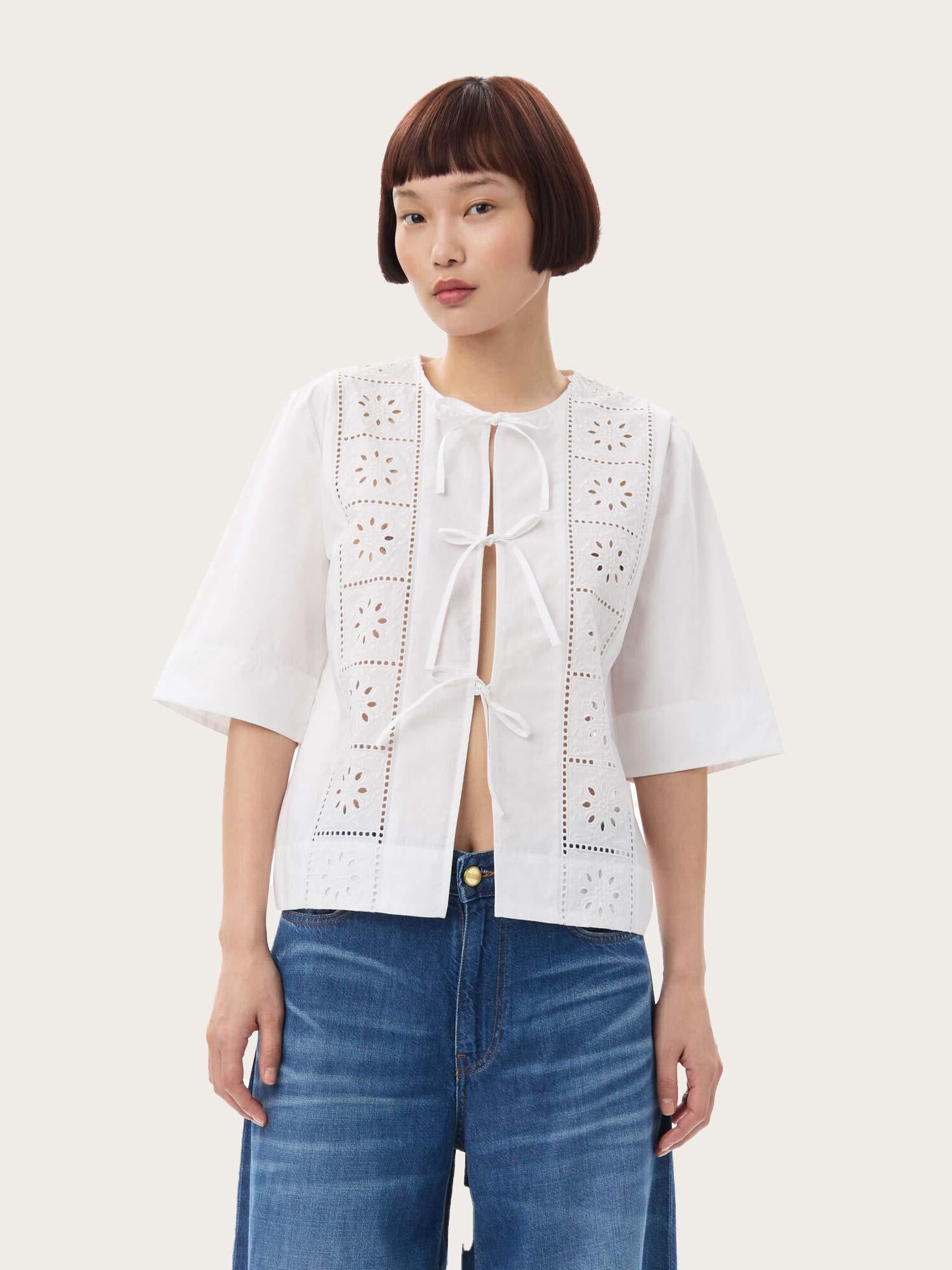 F9655 Broderie Anglaise Tie Blouse - Bright White