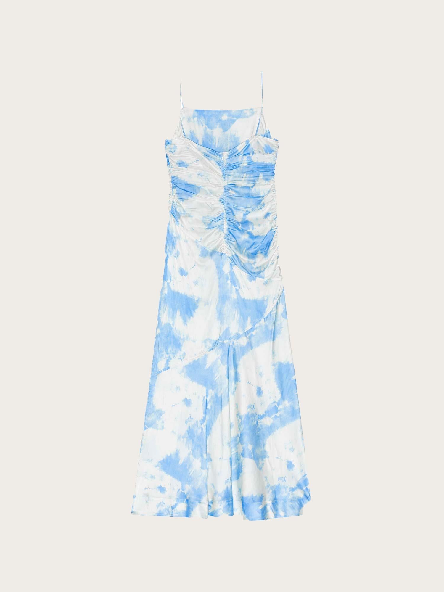 F9151 Printed Satin Ruched Long Slip Dress - Powder Blue