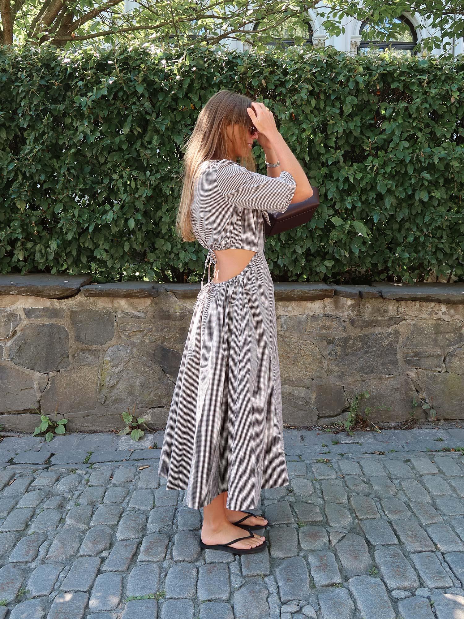 Check Cotton Cut Out Midi Dress - Chicory Coffee