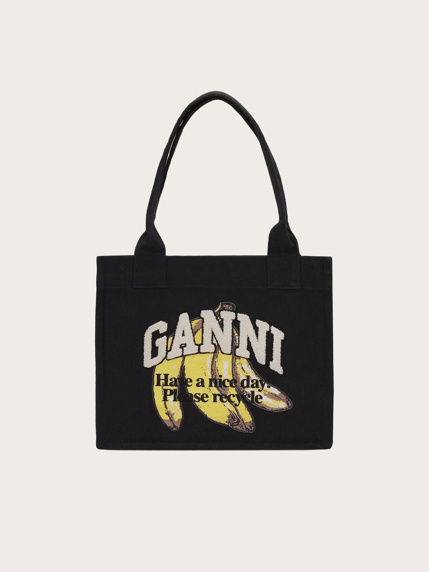 A6893 Large Easy Shopper Pocket Banana Print - Black