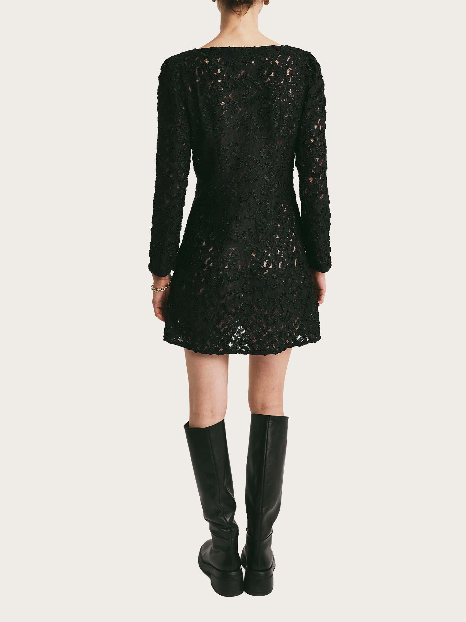 Embroidery Lace Mini Dress - Black
