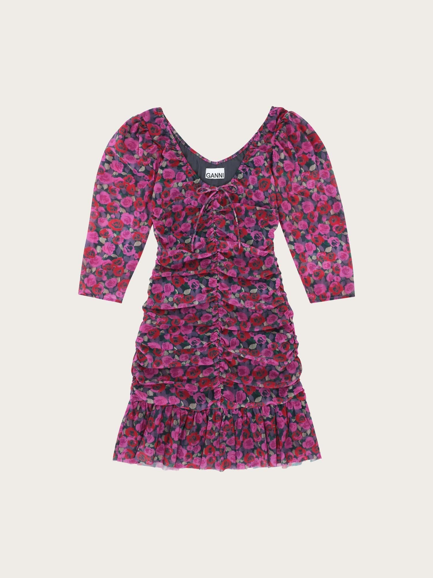 T3847 Printed Mesh Floune Ruched Mini Dress - Fiji Flower