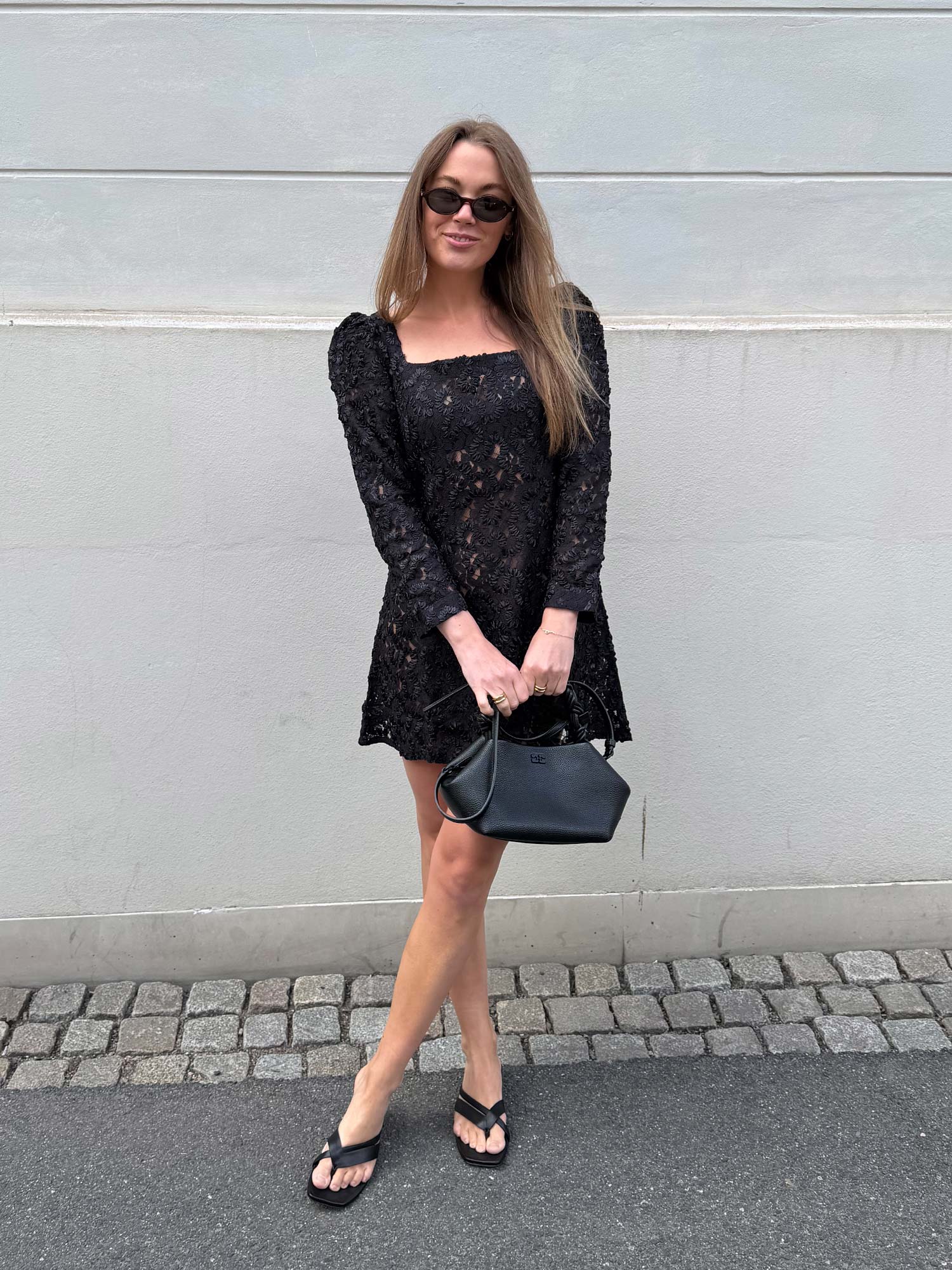 Embroidery Lace Mini Dress - Black