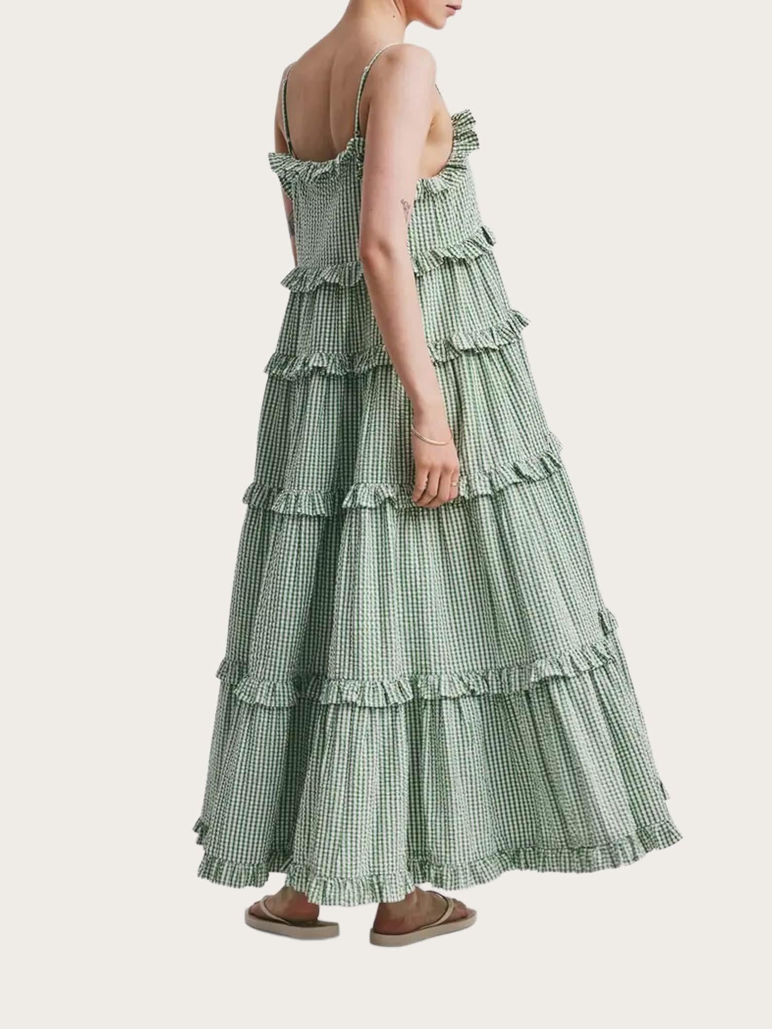 Seersucker Strap Dress - Green Checks