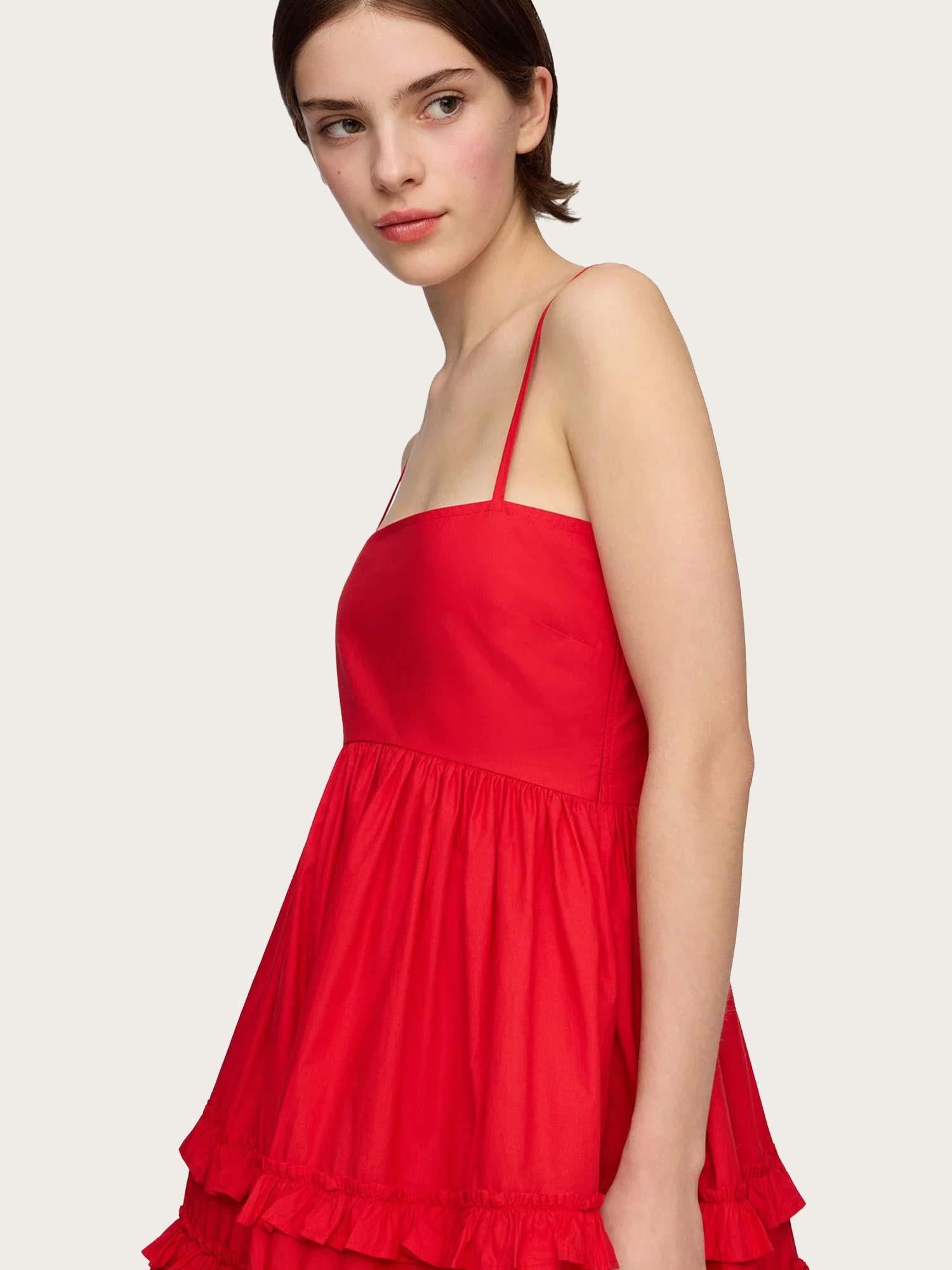 Cotton Poplin Mini Strap Frill Dress - Racing Red