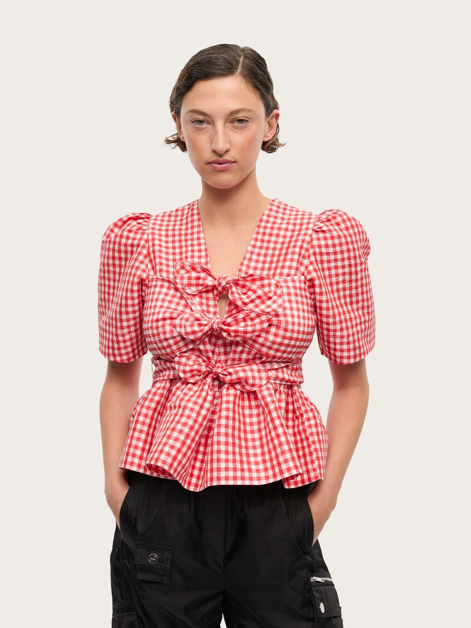 W0843 Crinkled Taffeta Check Tie Strap Blouse - Red Alert